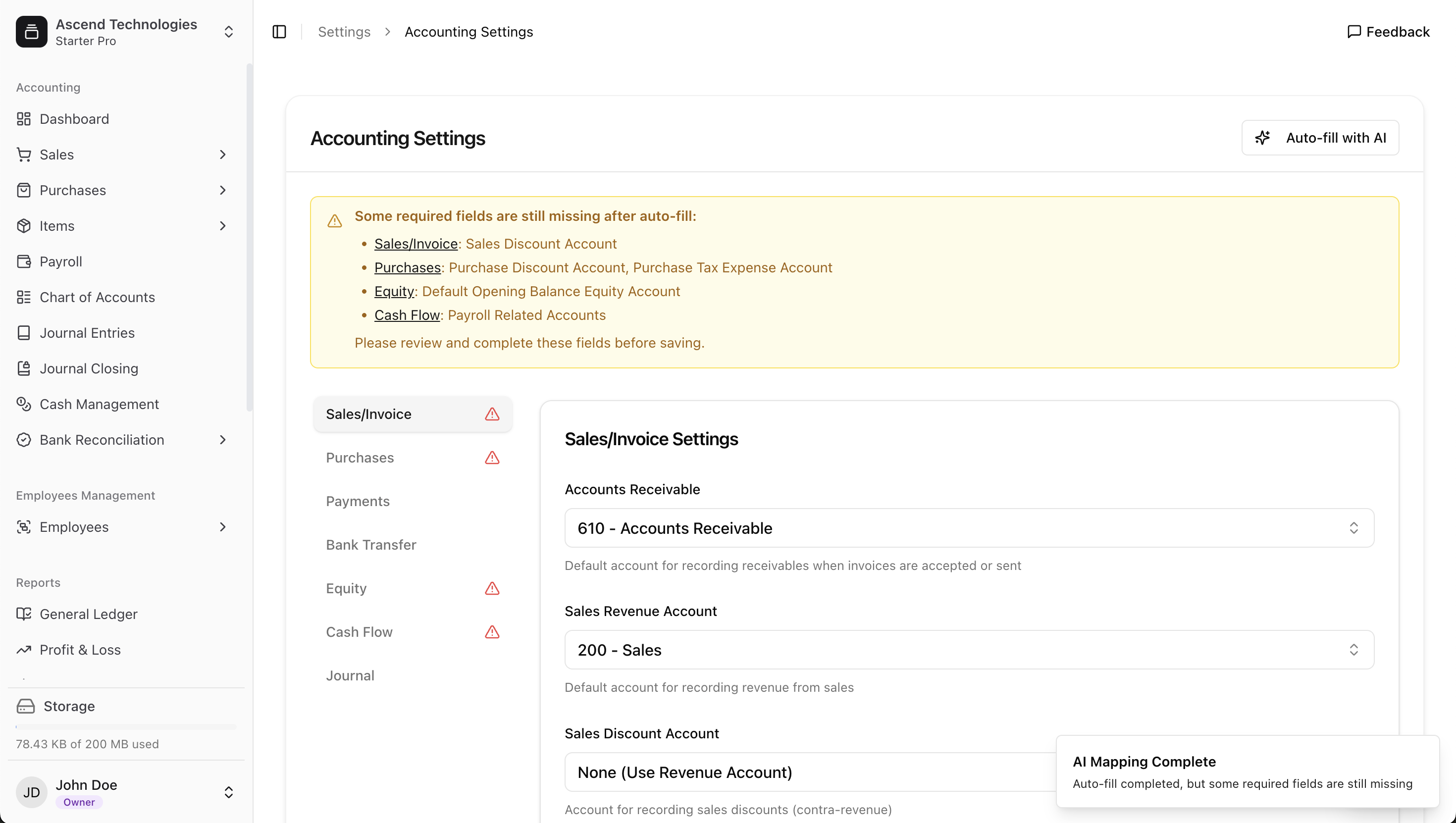 The settings page after the AI has filled in some fields, with a warning to review.
