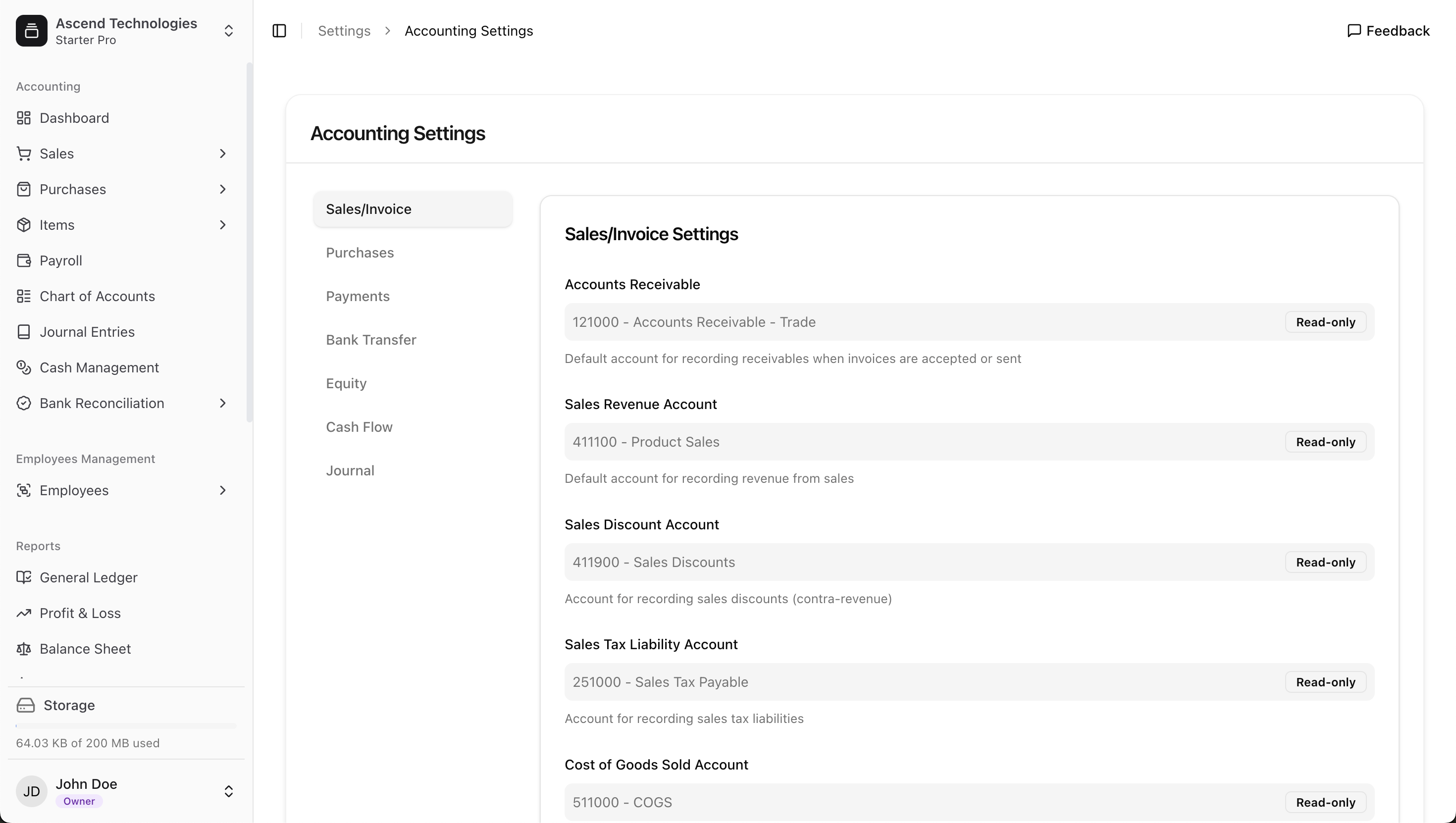The Accounting Settings page in Simple Mode, showing all fields as read-only.