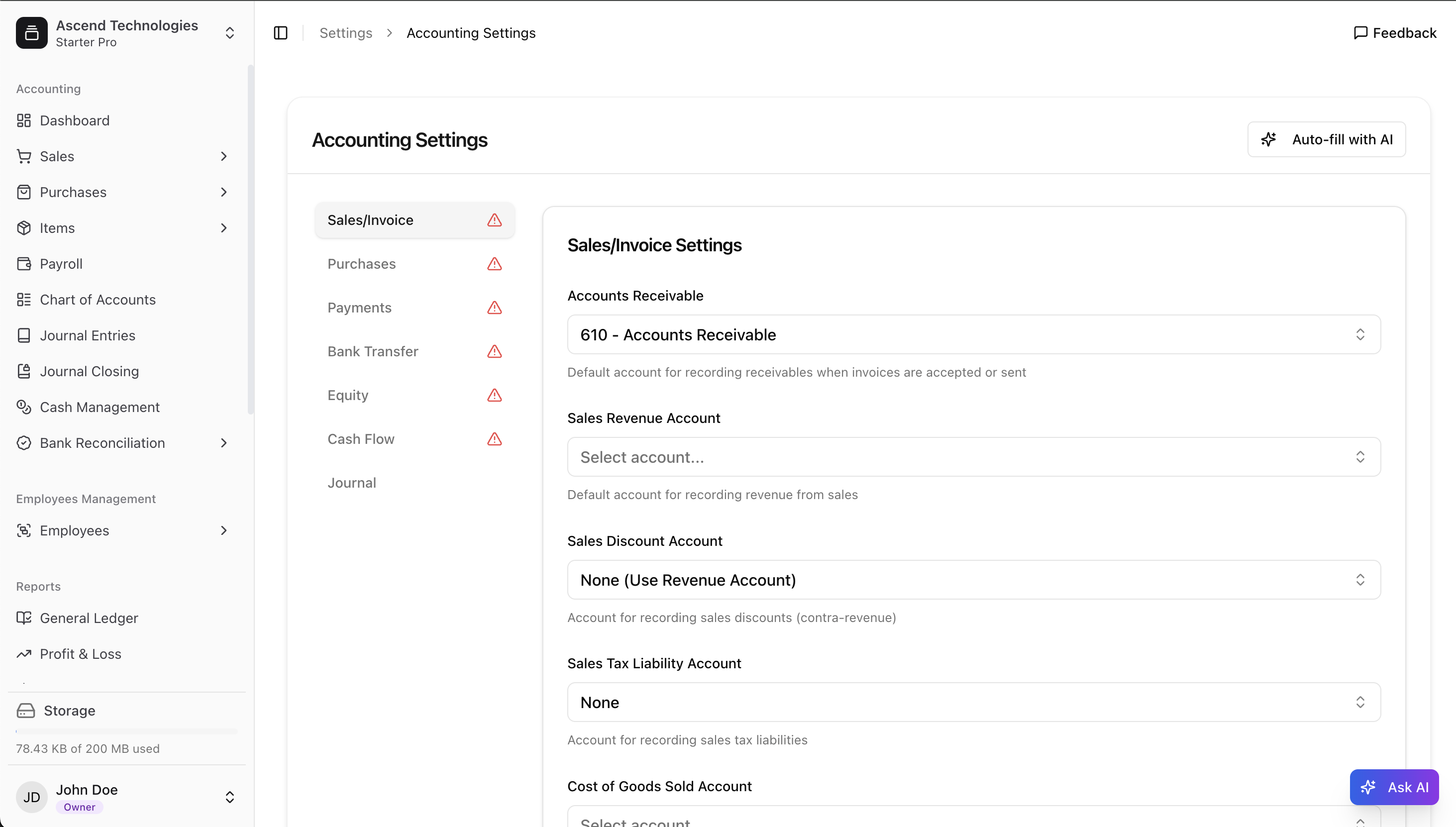 The initial state of the Accounting Settings page before configuration.