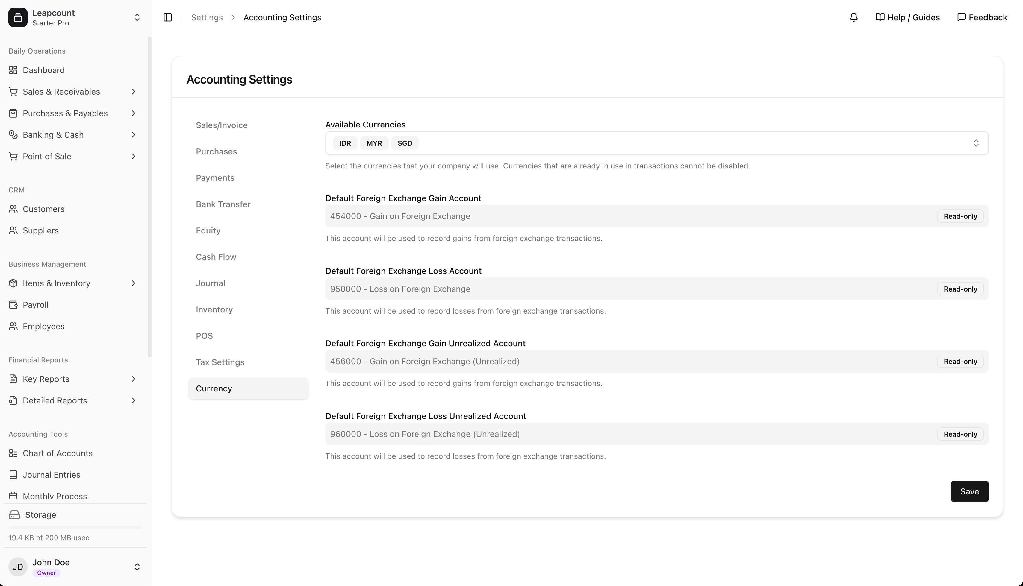 Currency activation in accounting settings