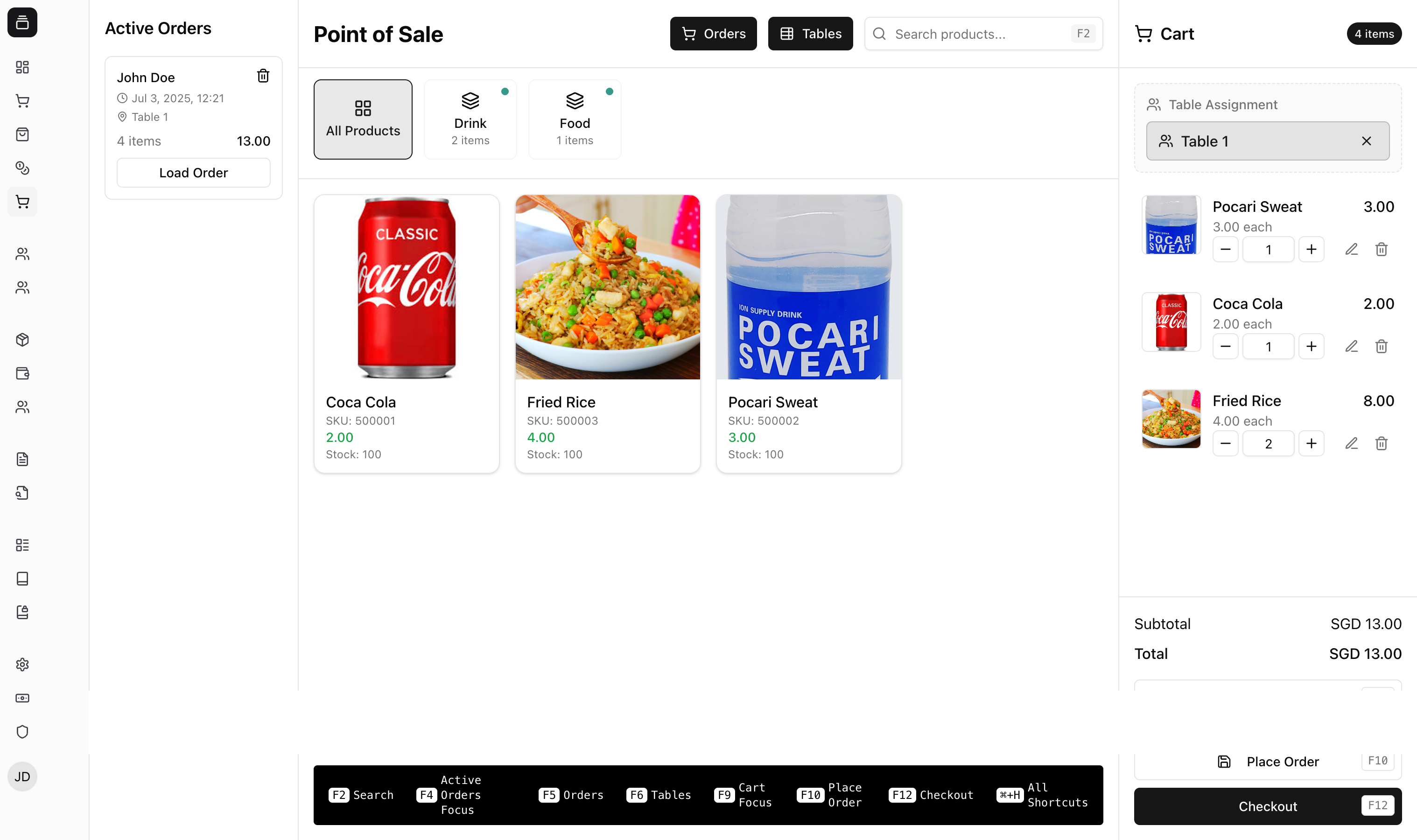 Active orders view with items and table assignment