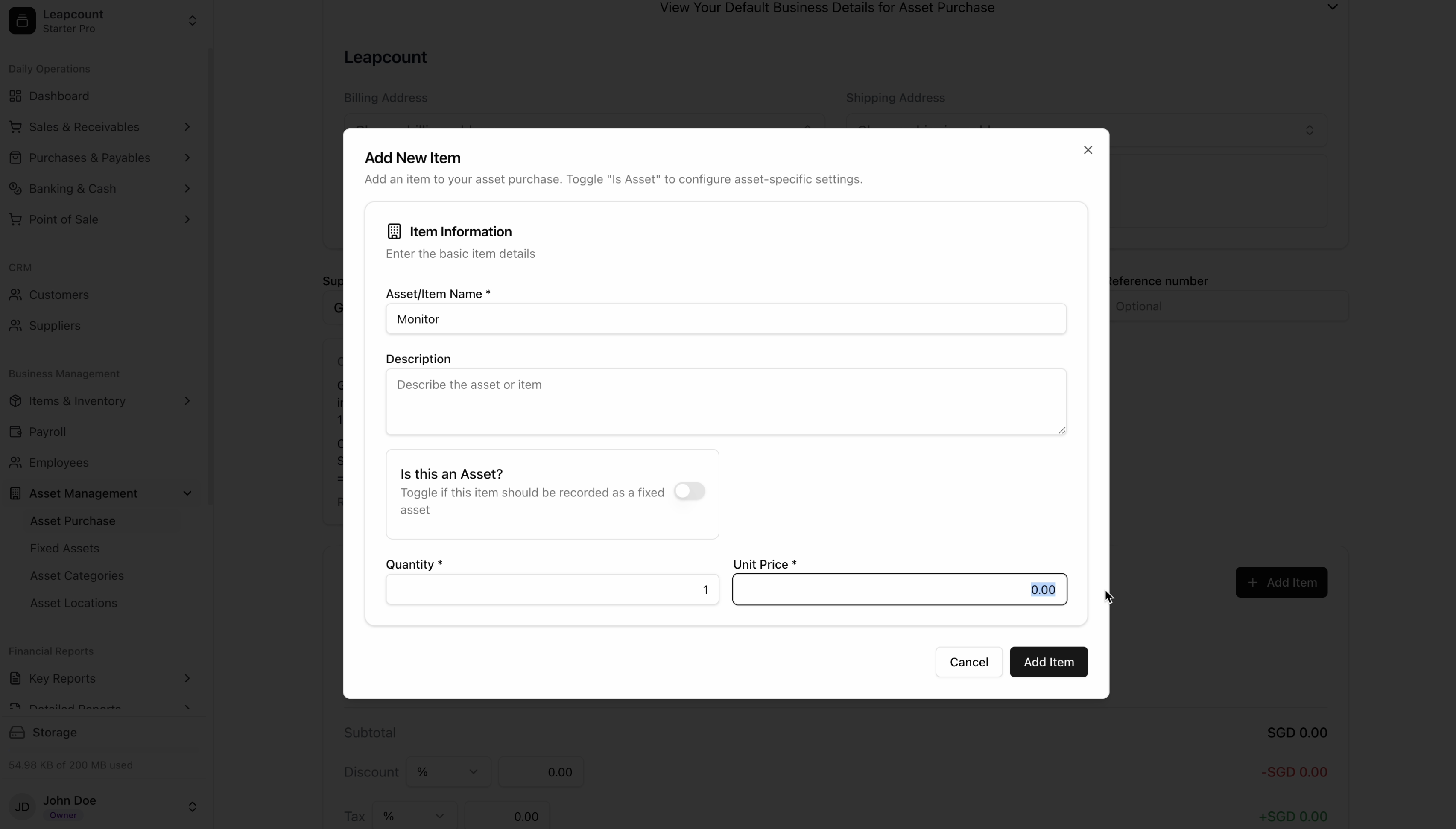 Adding an item and marking it as a fixed asset.