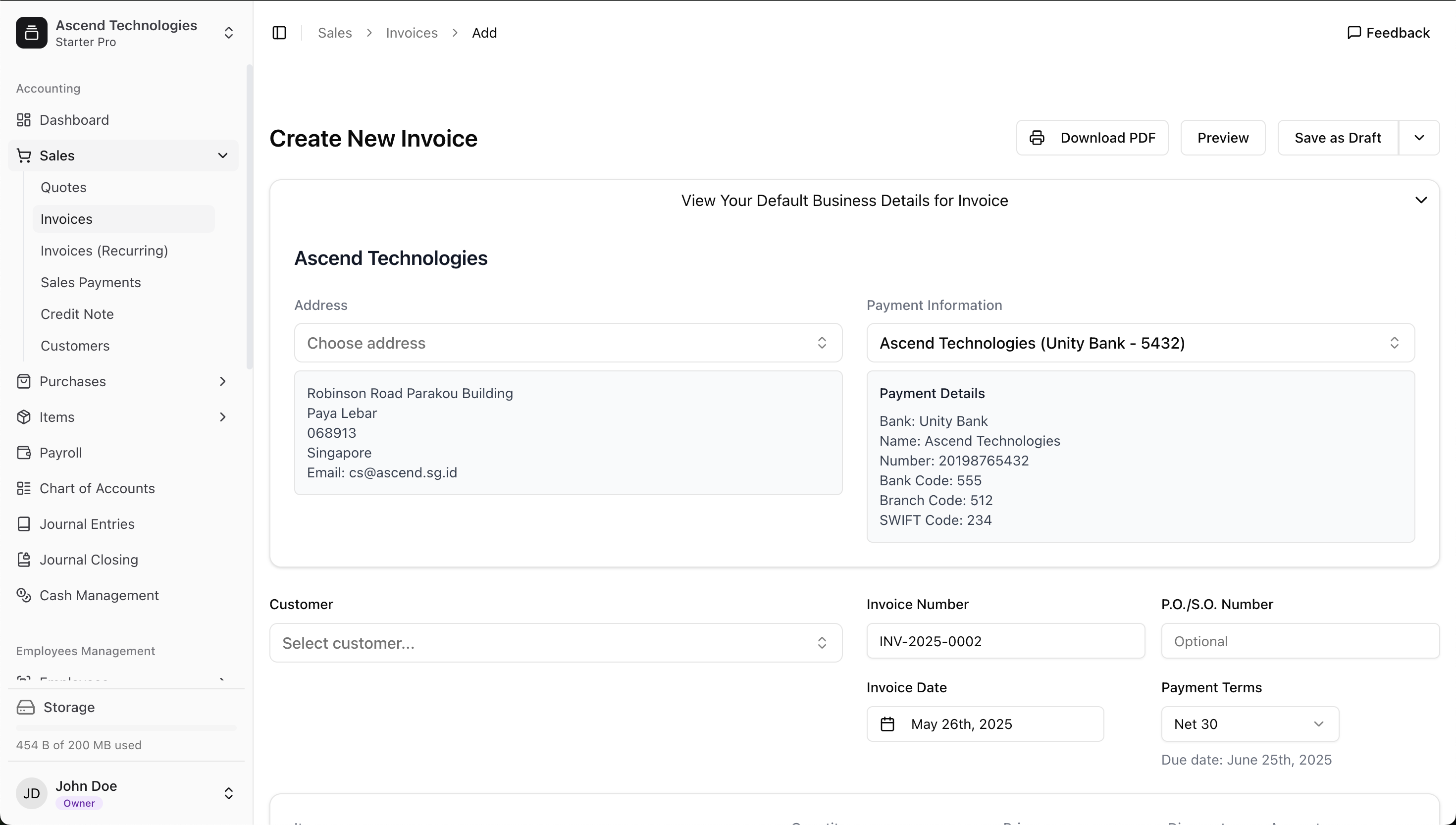 Default address on an invoice