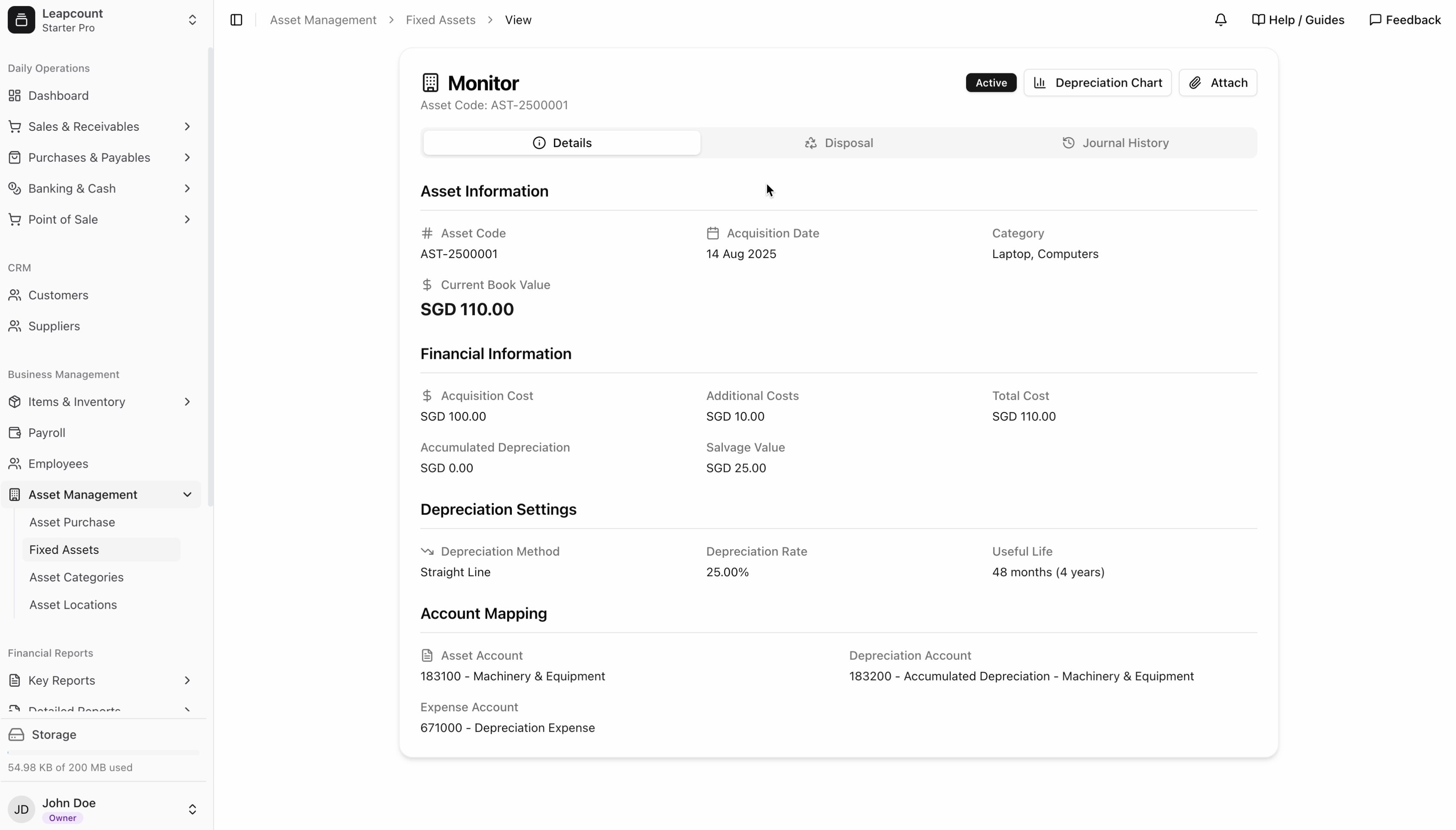 Detailed view of a fixed asset's financial and depreciation information.