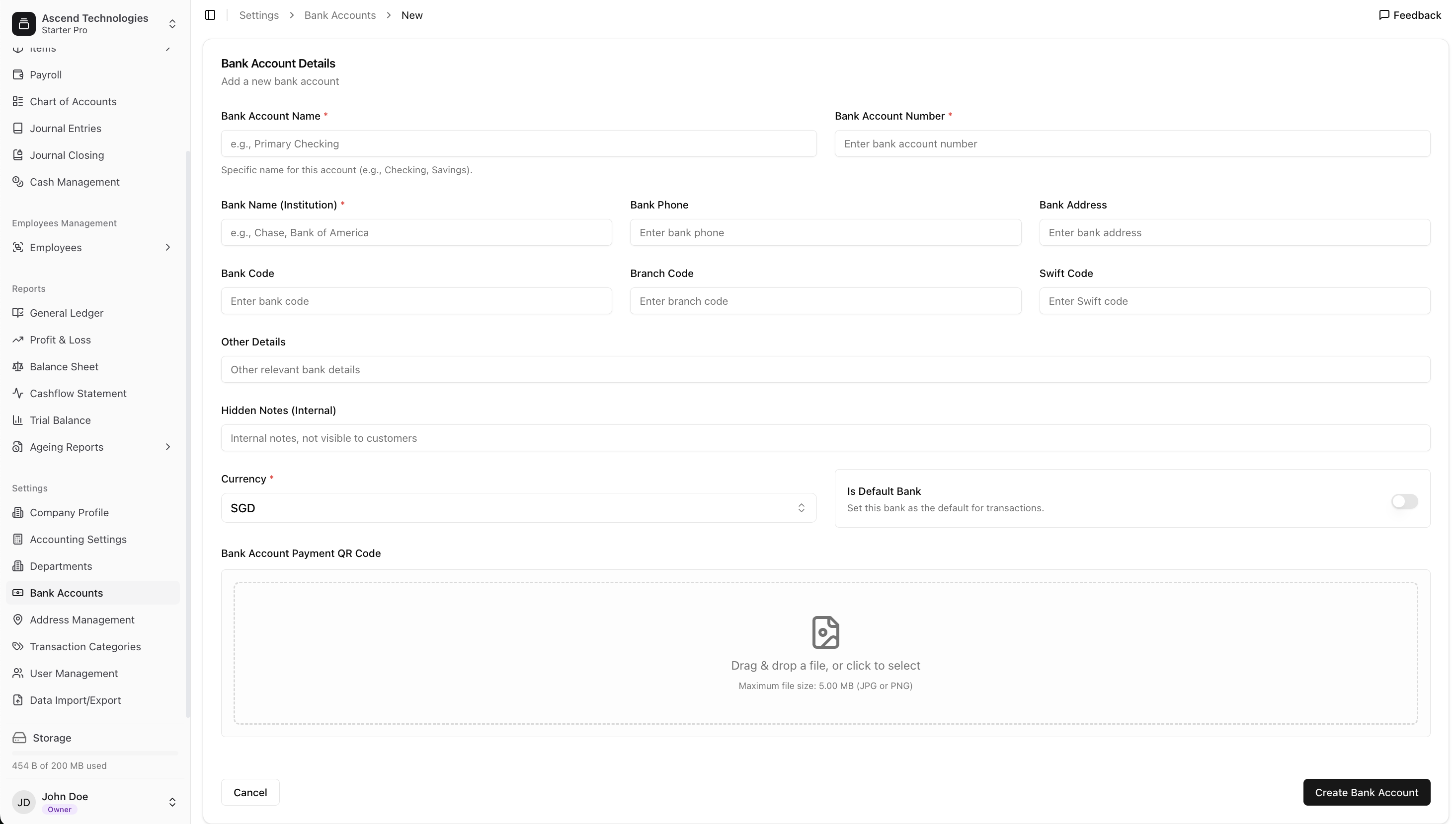 Add or edit company bank account form