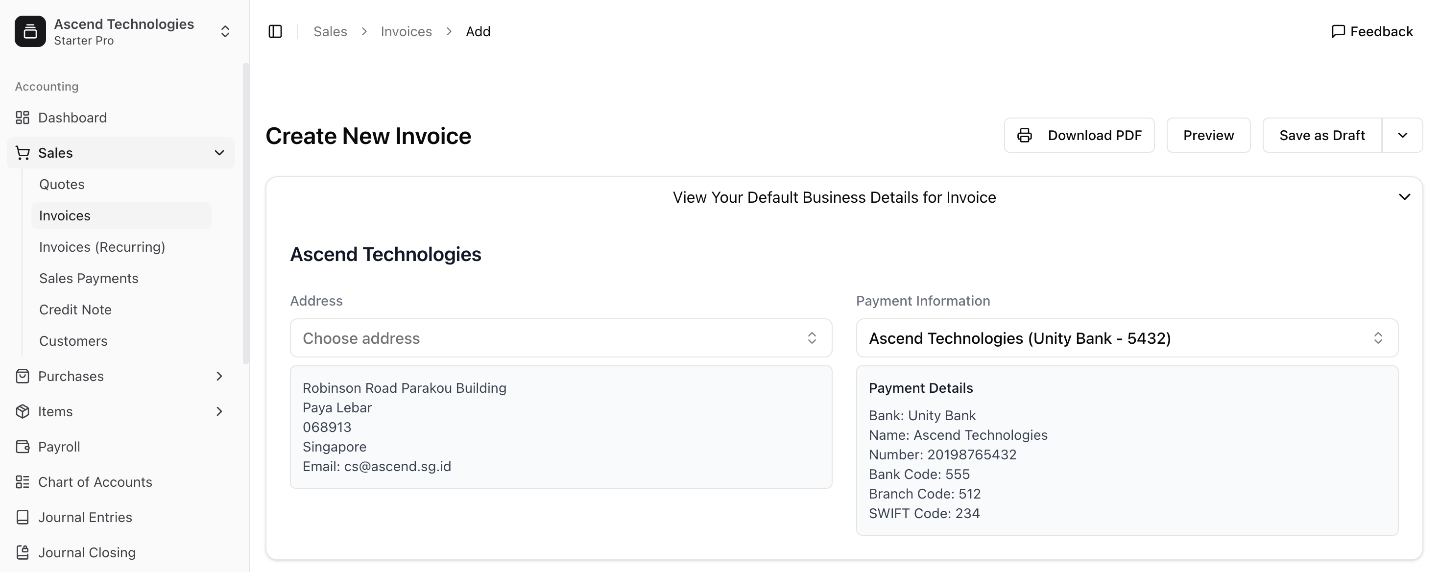 Bank account details displayed on an invoice