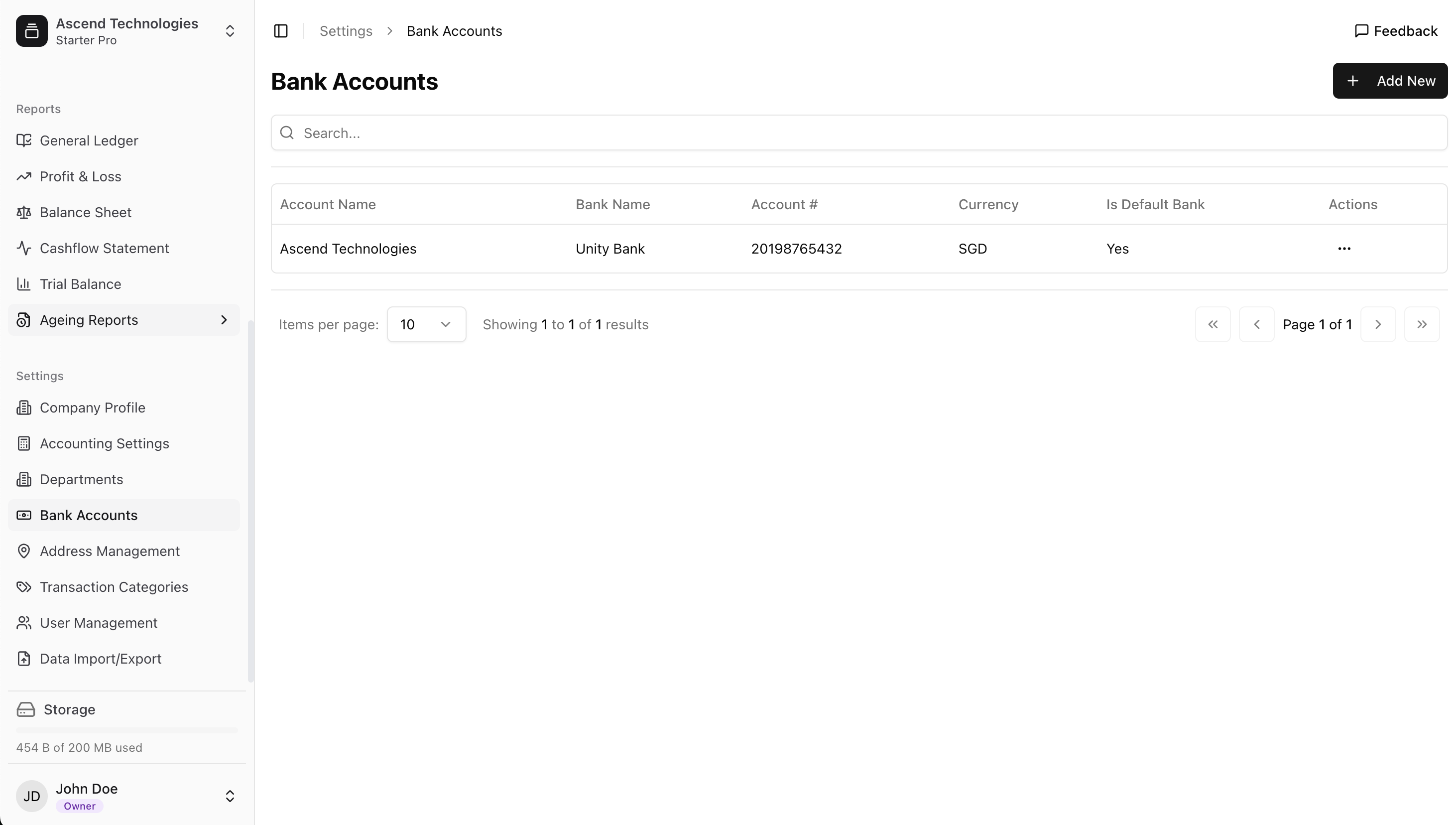 Company bank accounts list view