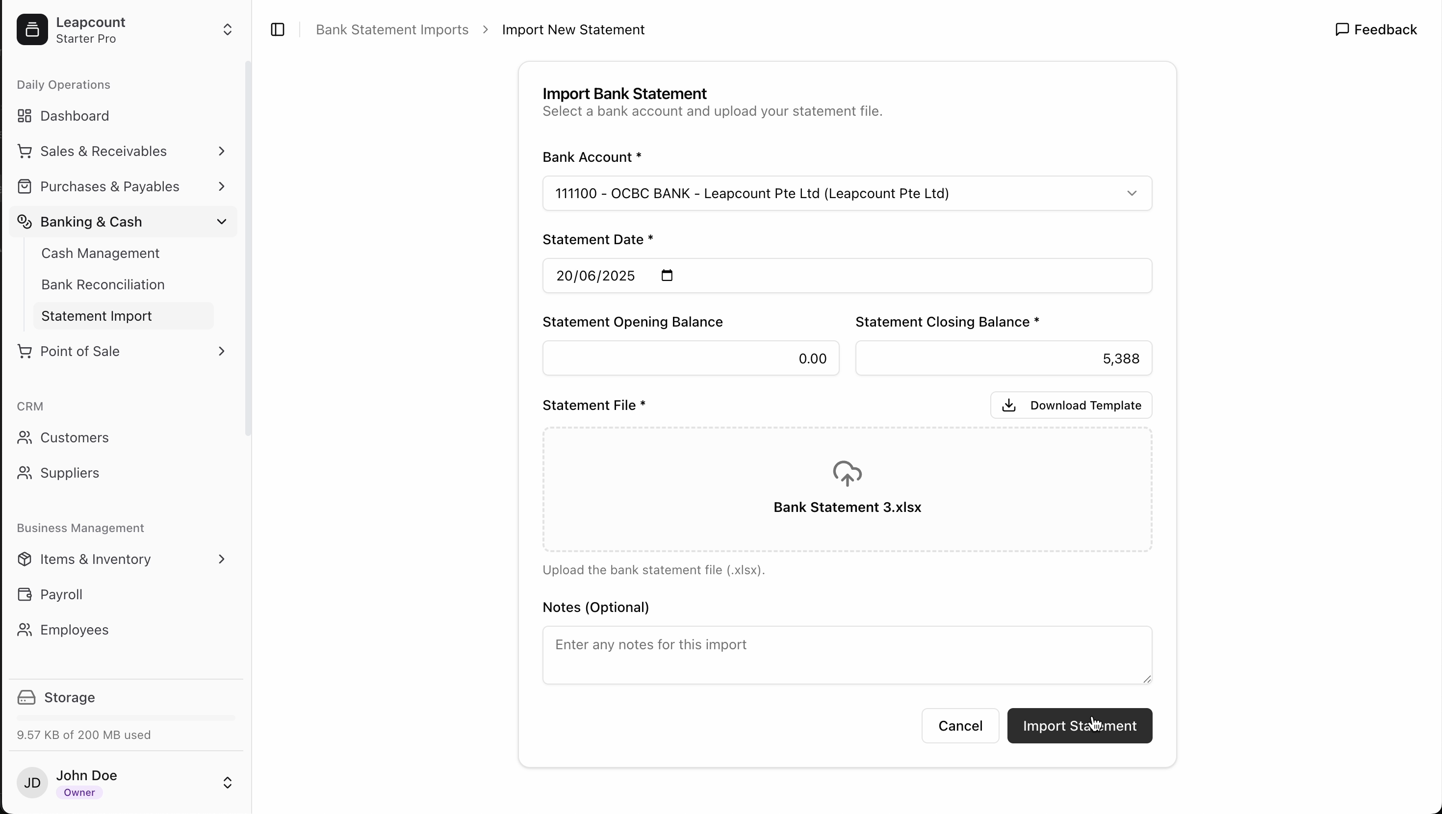 Bank statement import interface