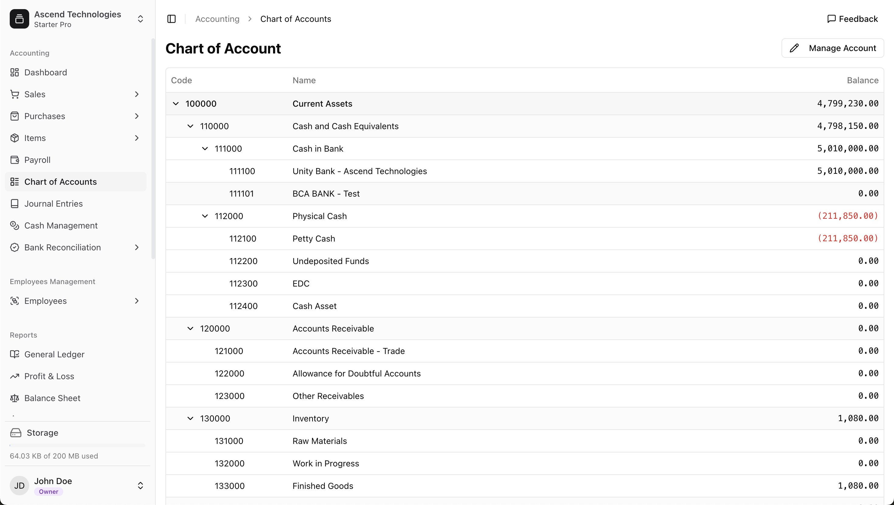 The Chart of Accounts list view, showing a hierarchy of accounts with codes, names, and balances.