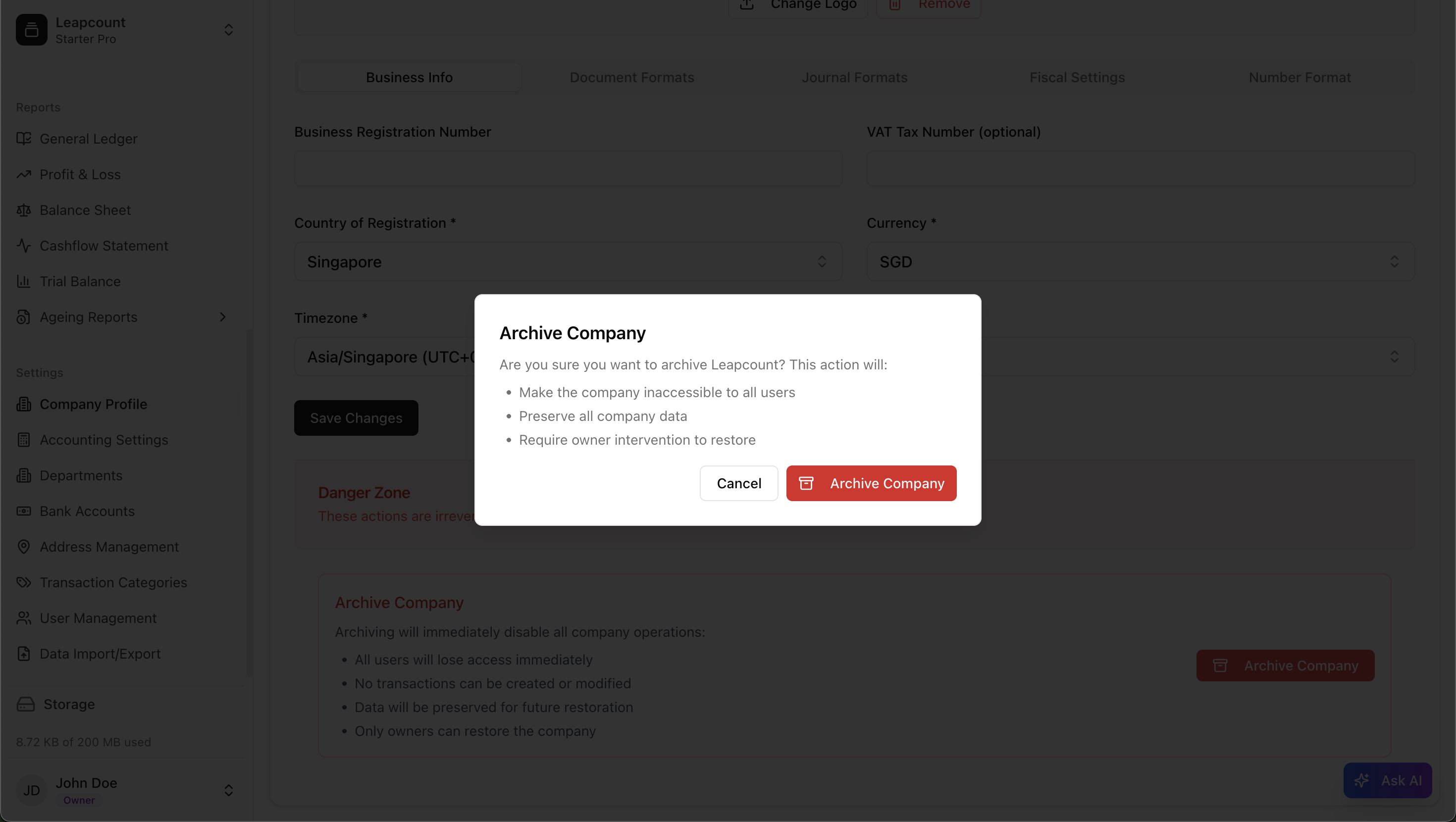 The final confirmation modal before archiving a company.