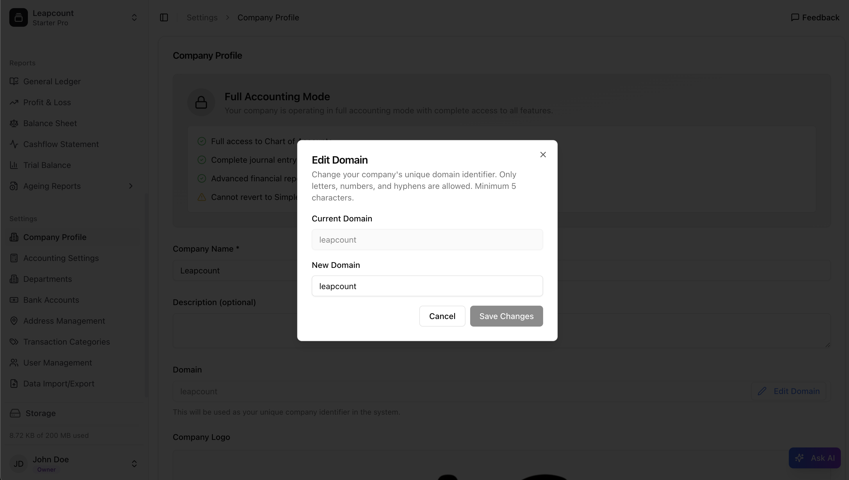 The 'Edit Domain' modal window.