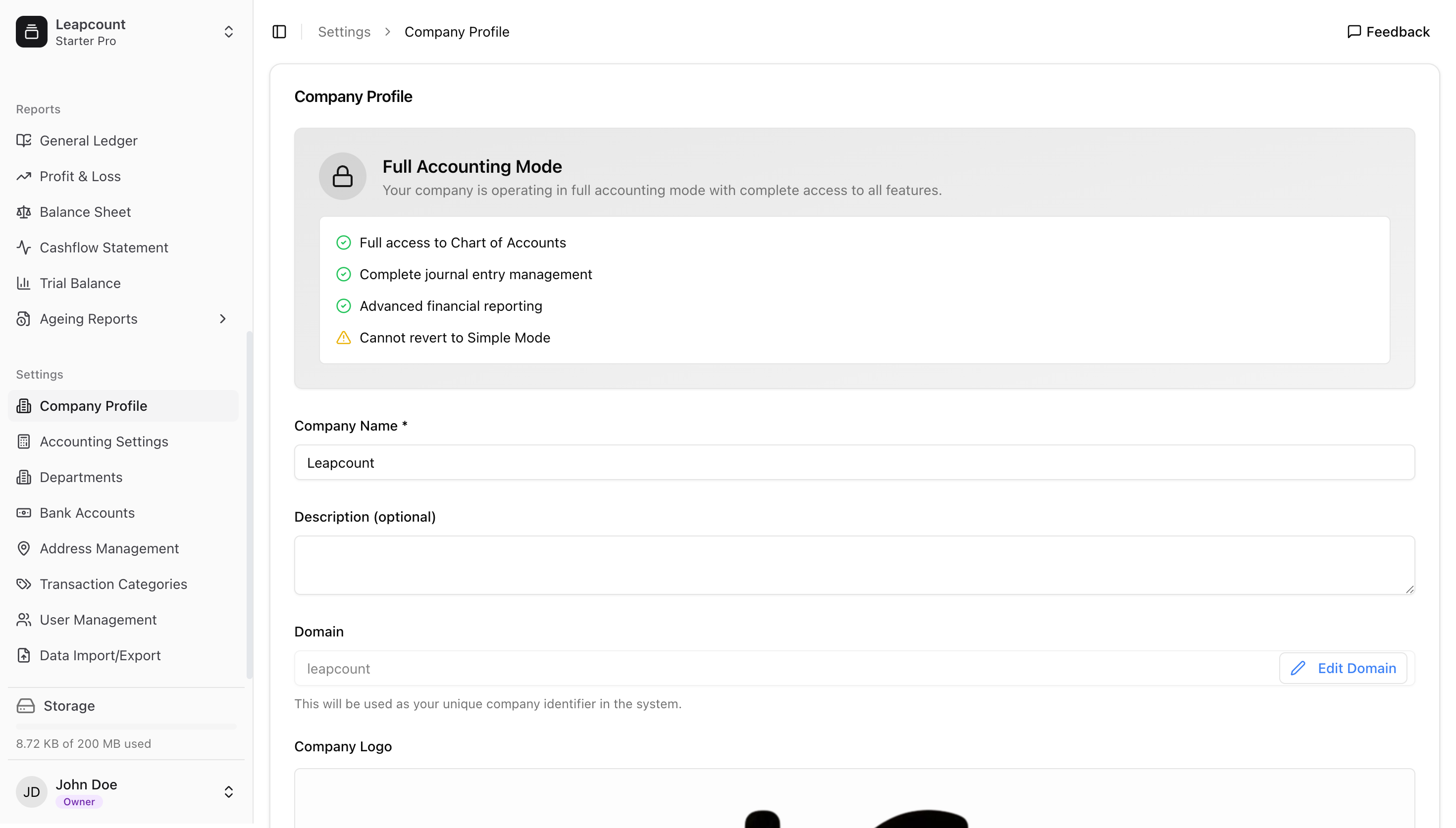 The main Company Profile settings page.