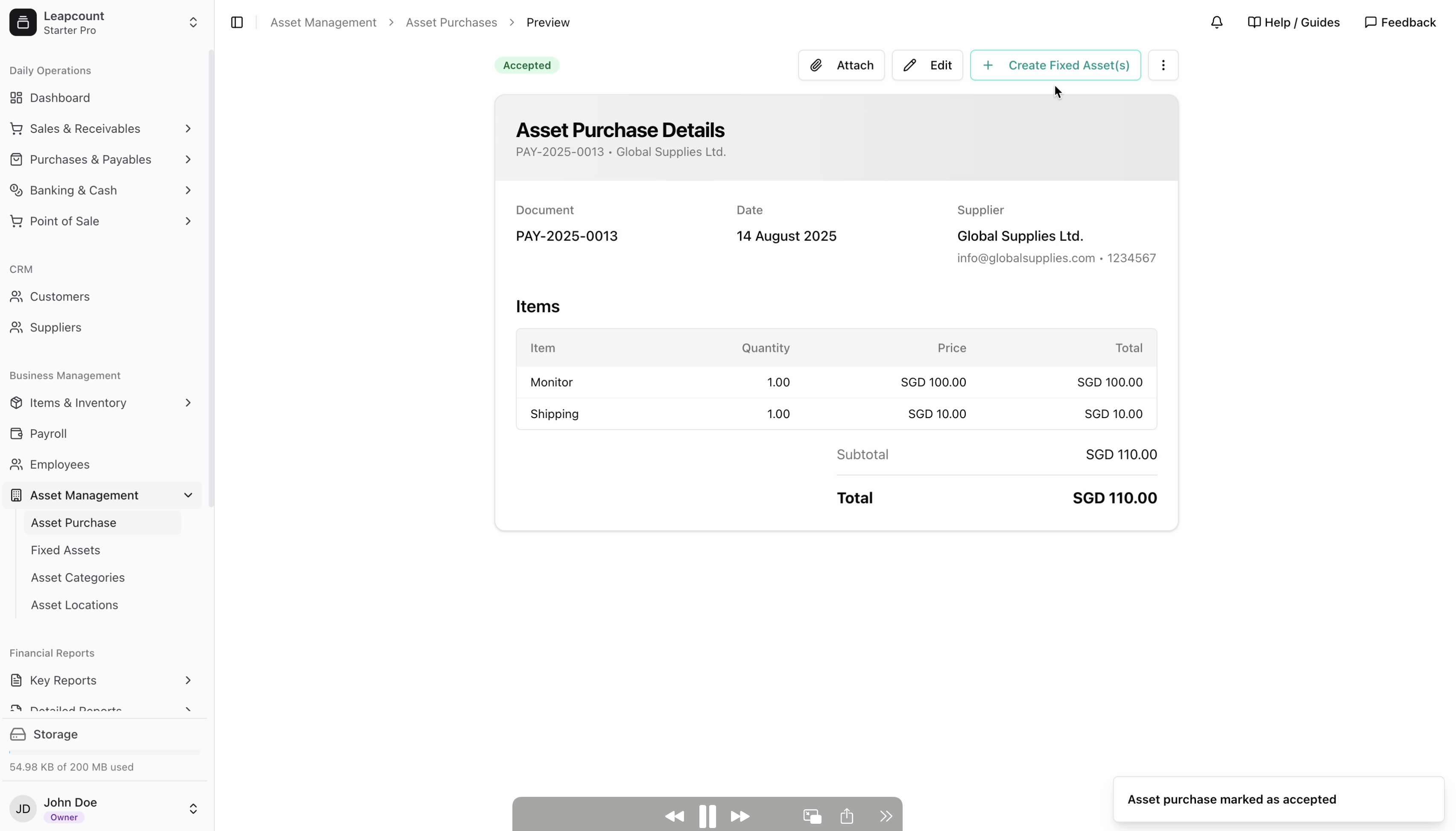 Converting an accepted asset purchase into a fixed asset record.
