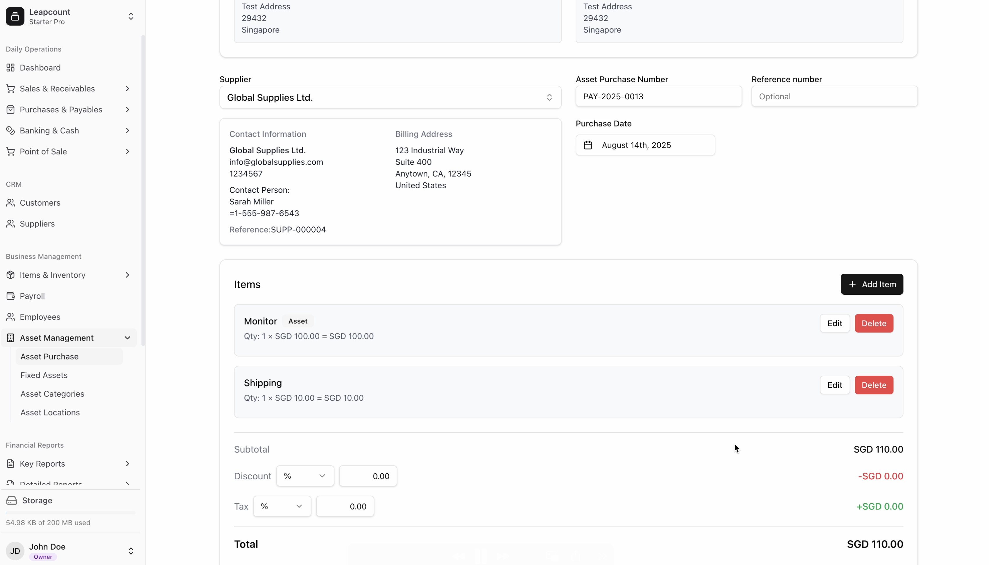 Creating a new asset purchase document in LeapCount.