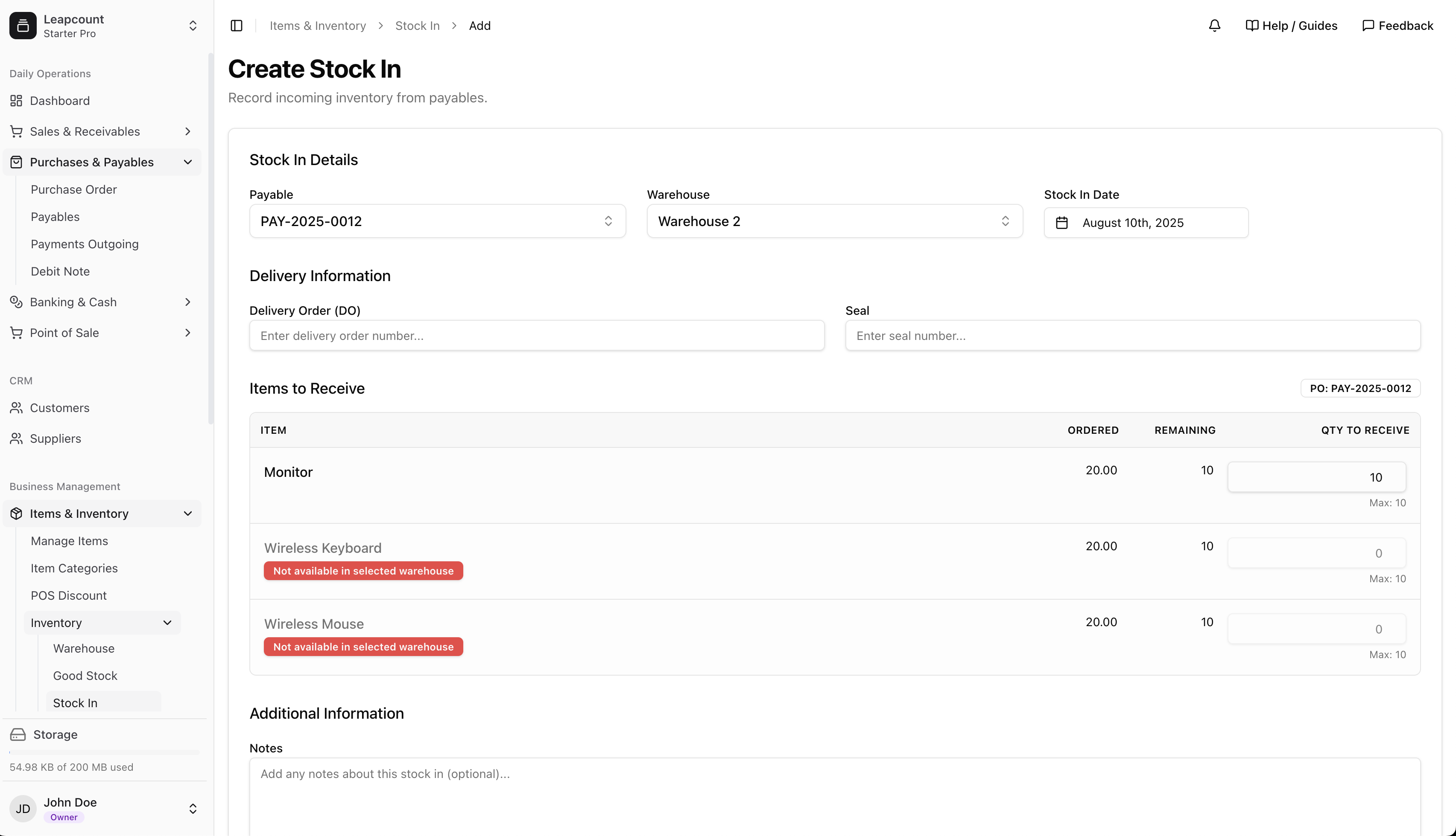 Creating a Stock In transaction, showing an unavailable item