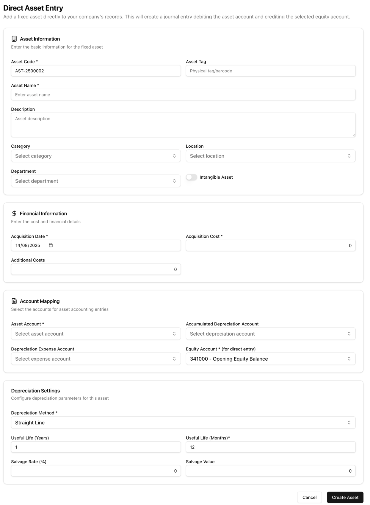 Form for direct entry of a fixed asset.