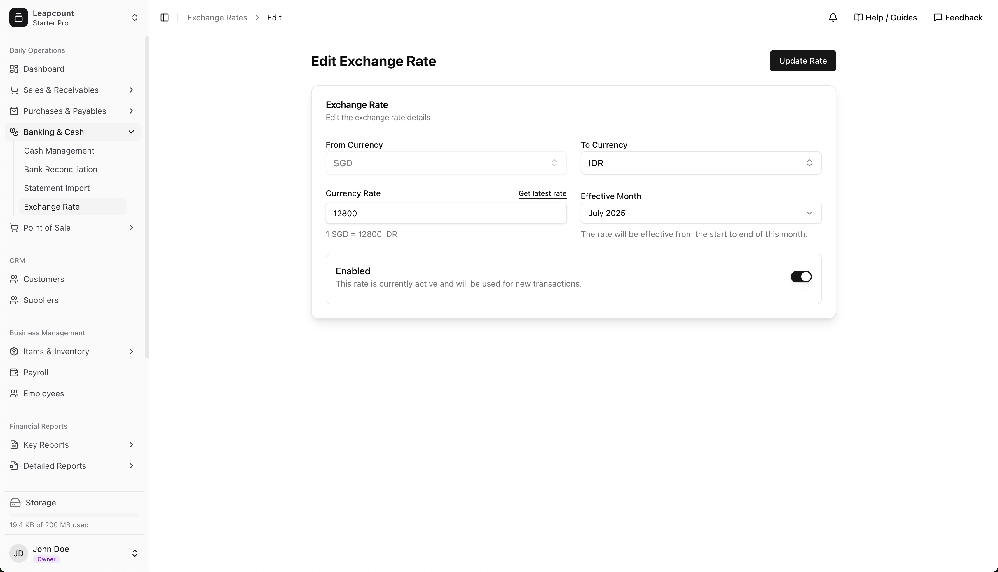 Edit exchange rate interface