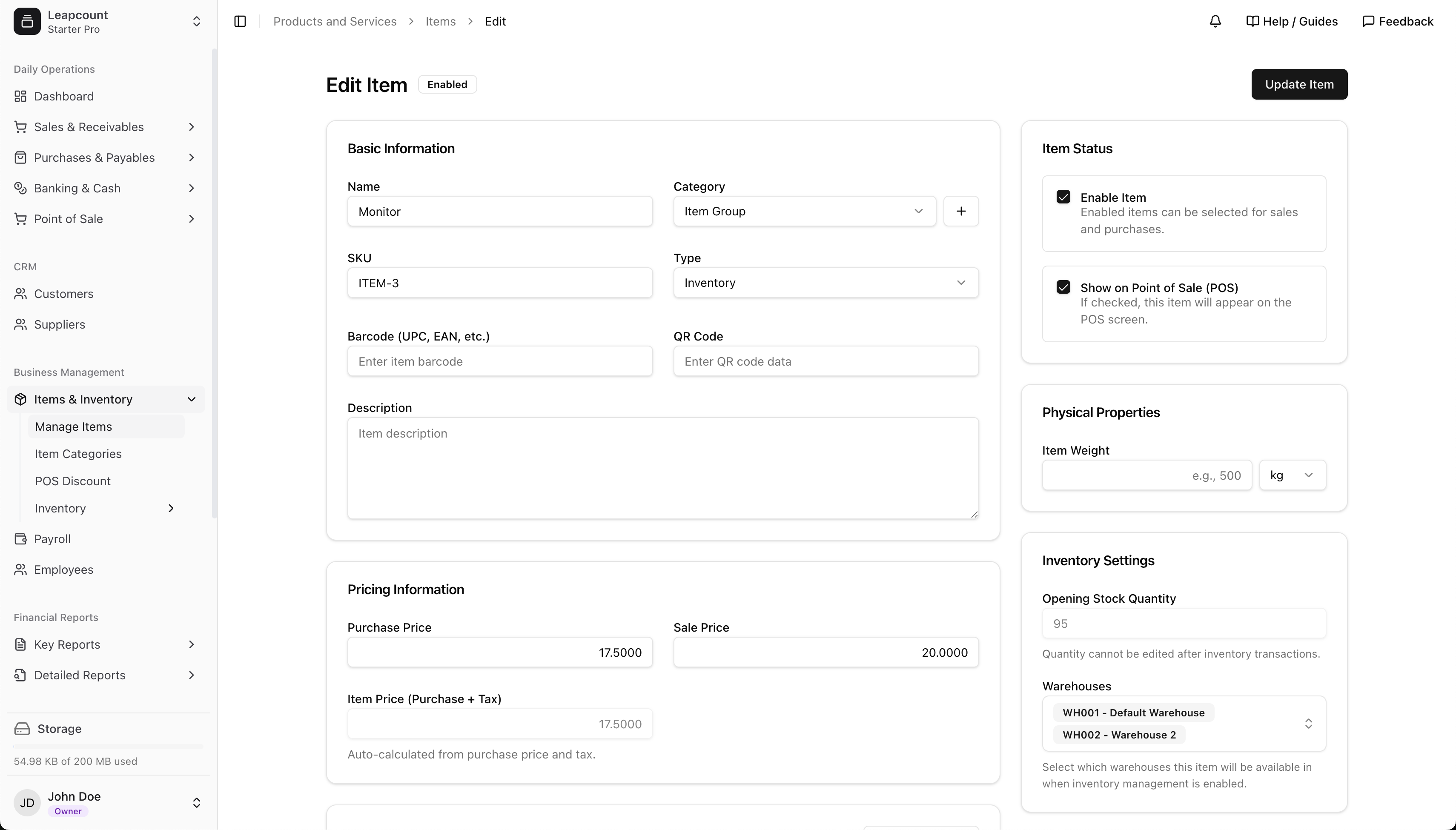 Assigning an item to specific warehouses in the item settings