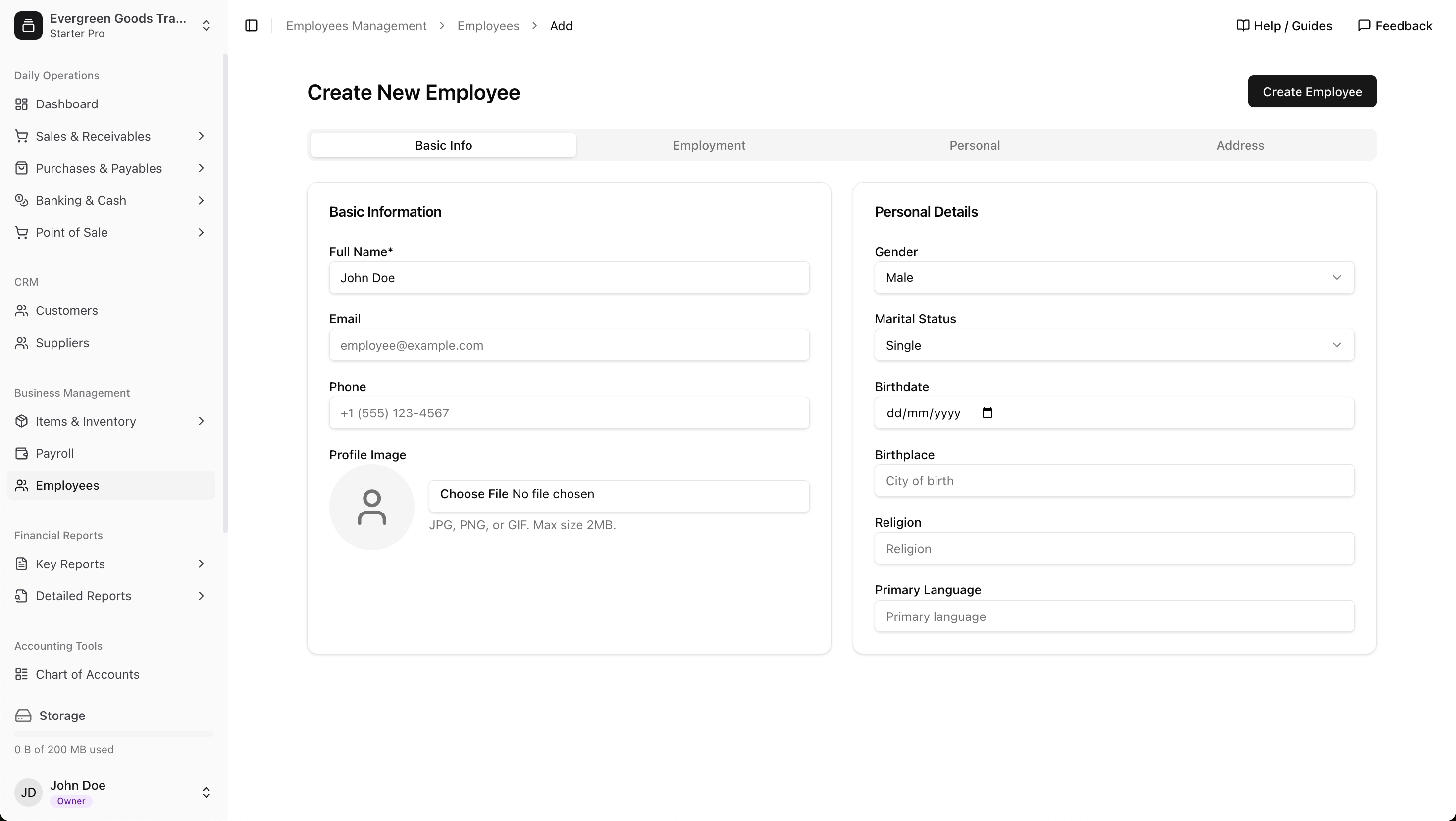 Employee information form in LeapCount
