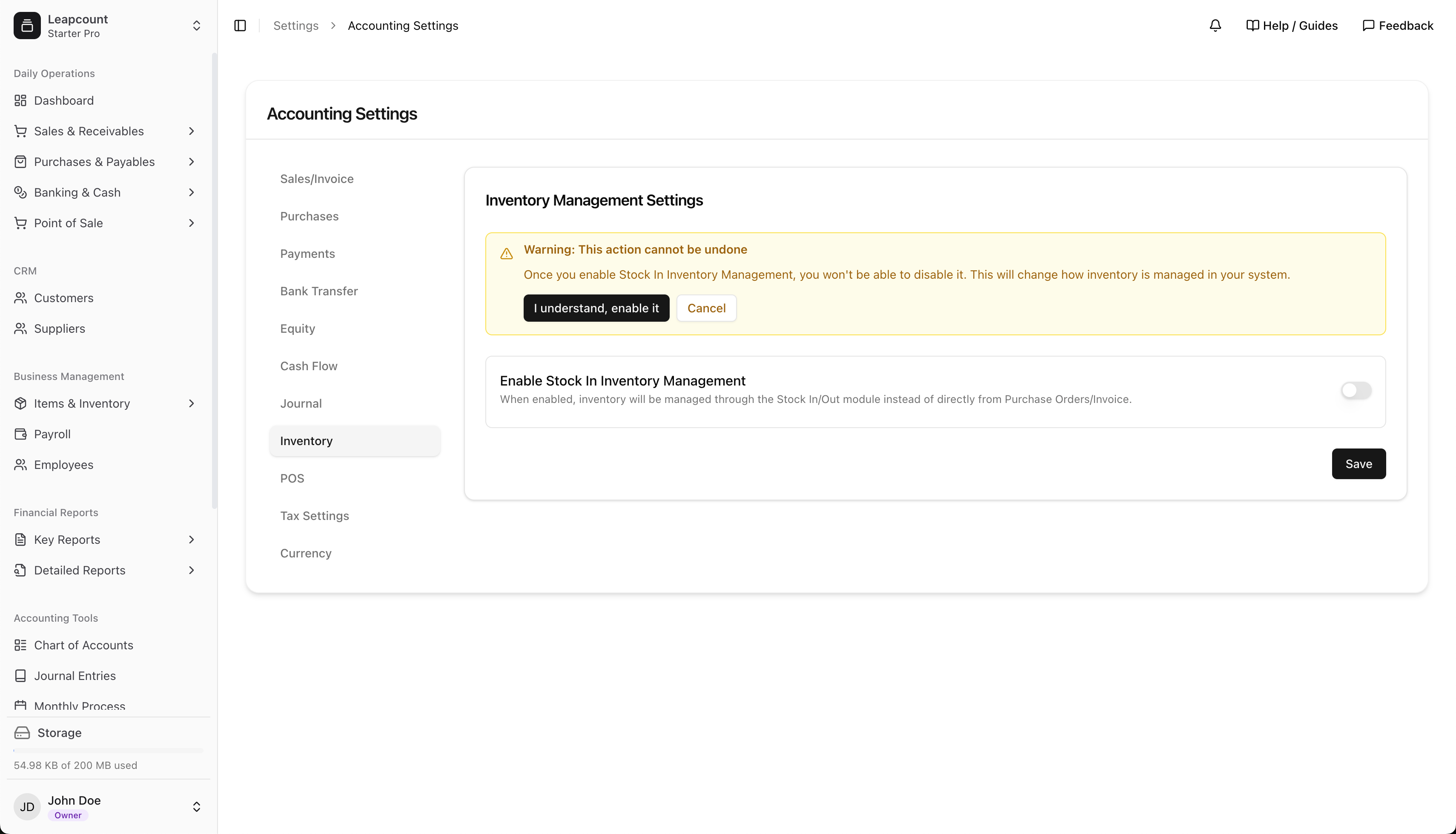 Enabling advanced inventory management in settings