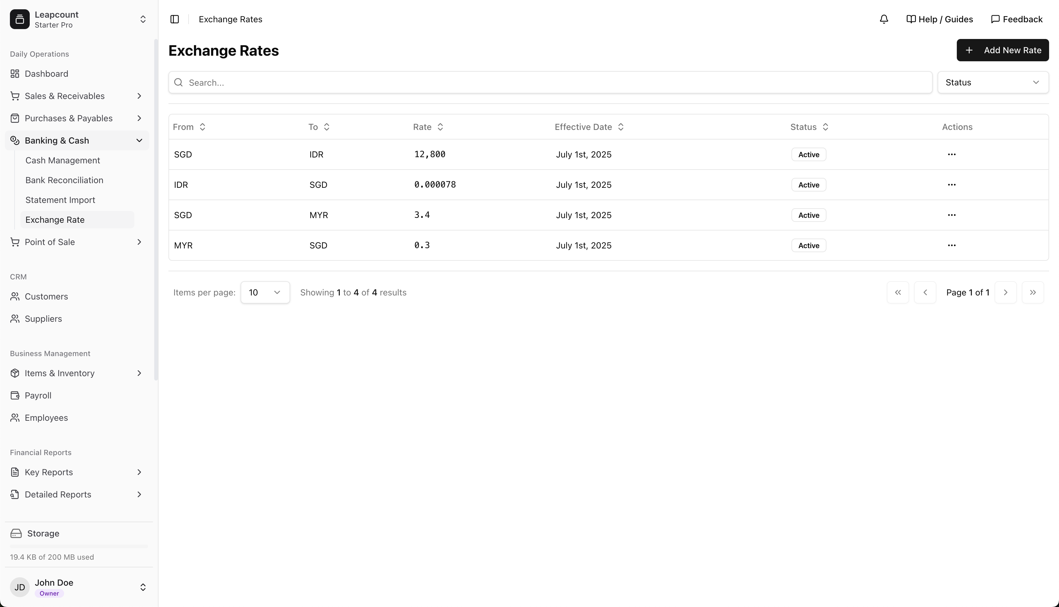 Exchange rate list interface