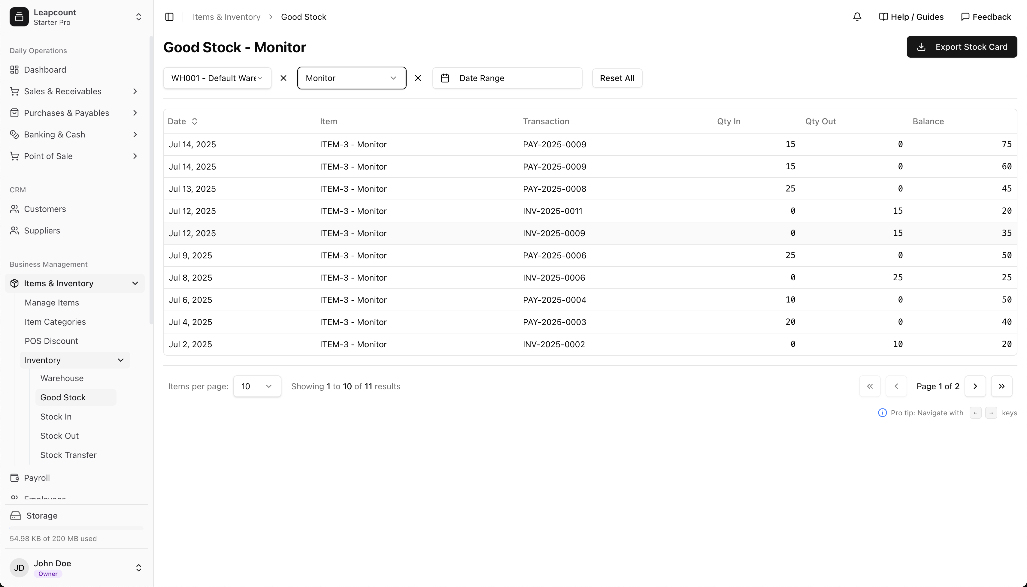 Good Stock report showing an item's detailed transaction history