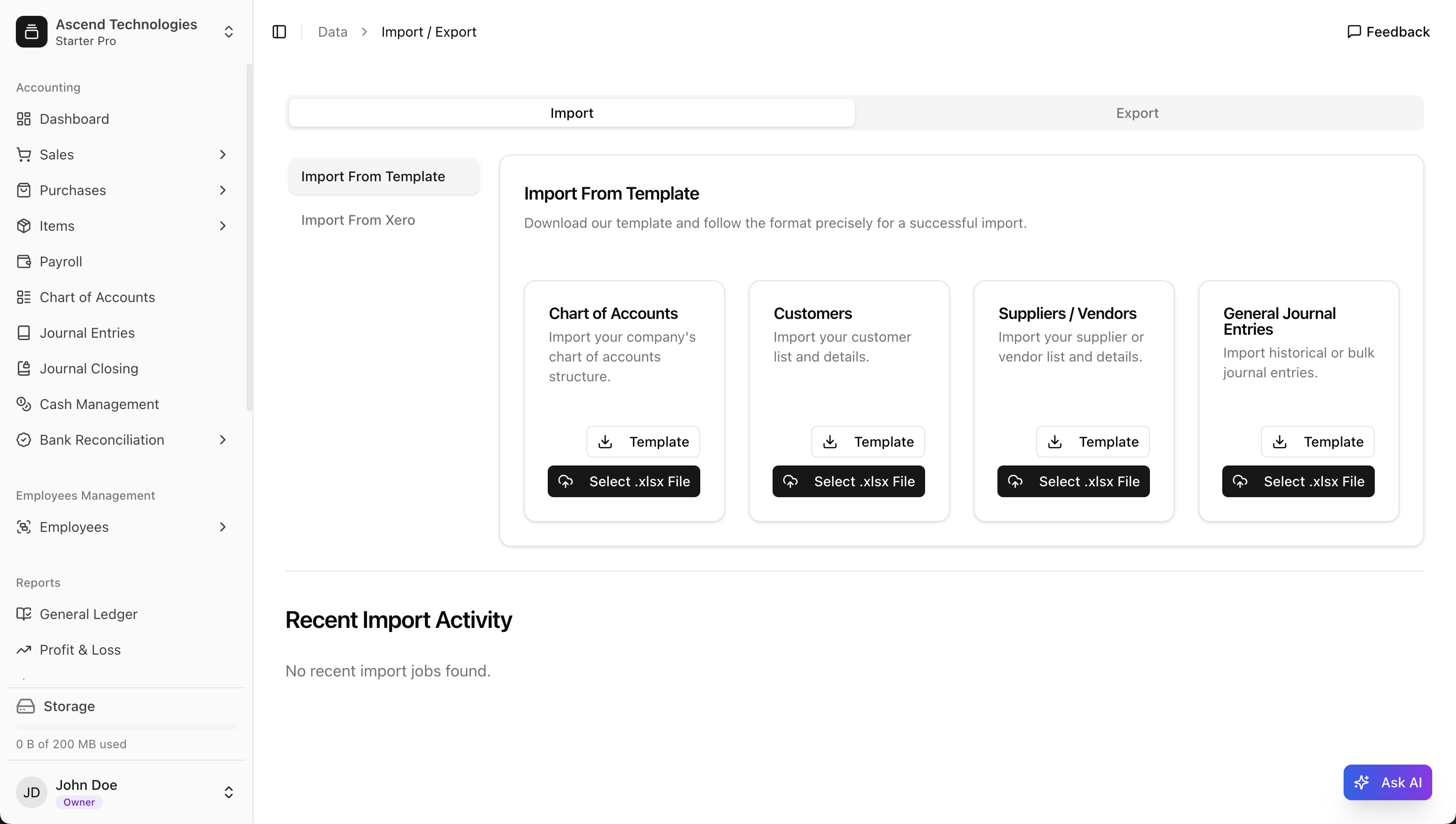 Import from template options