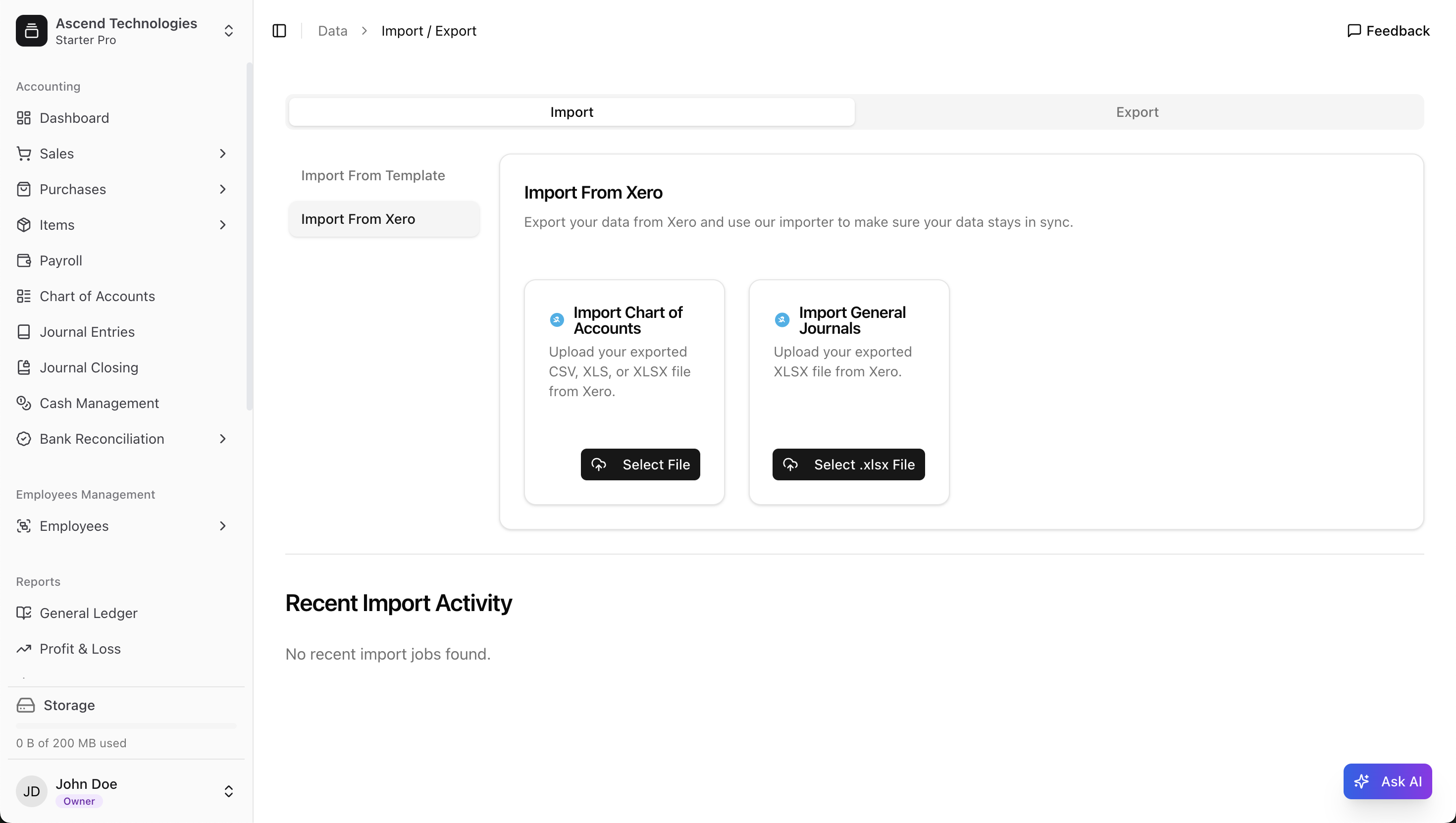 Import from Xero options