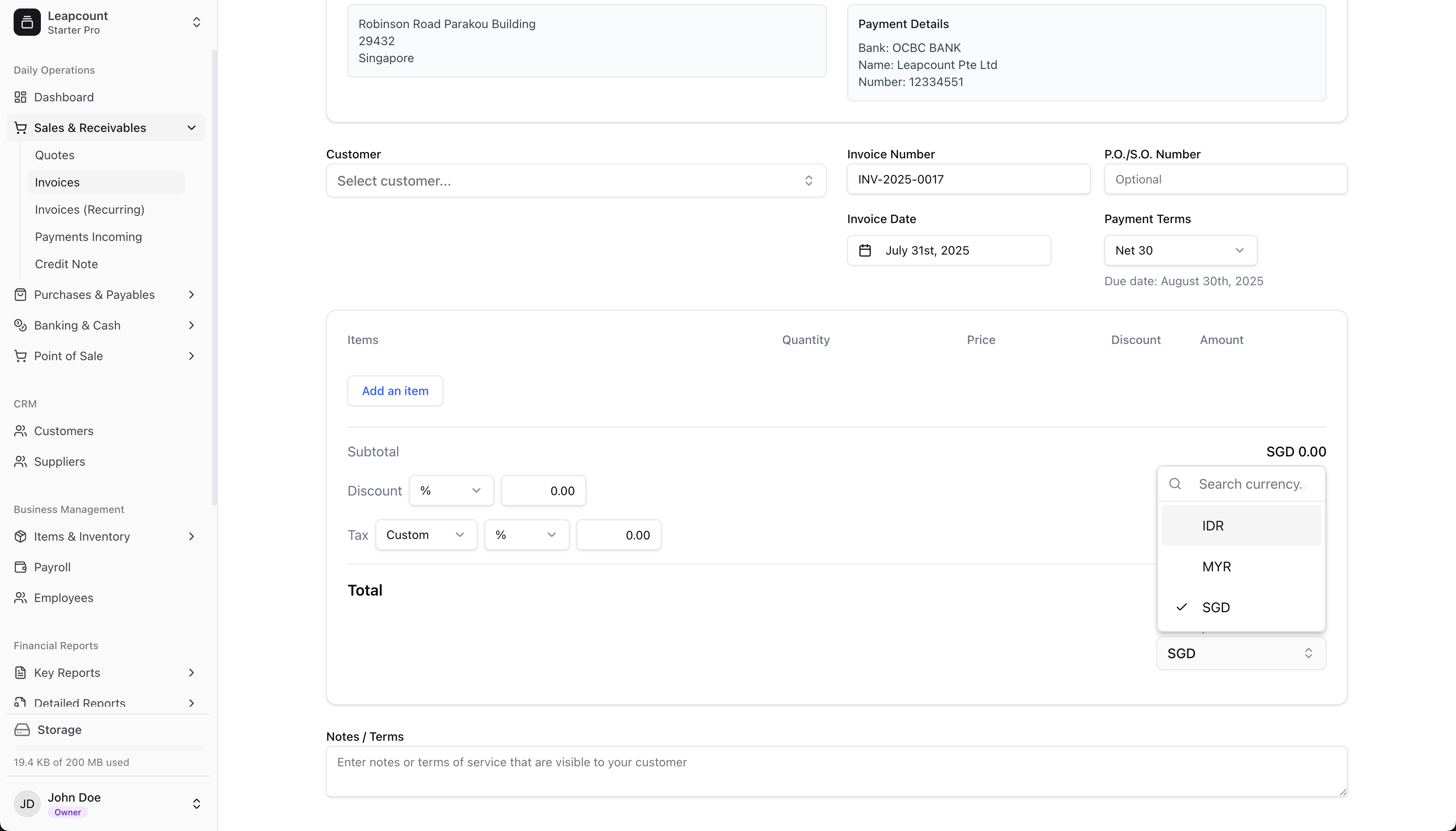Selecting a foreign currency and viewing the exchange rate on an invoice