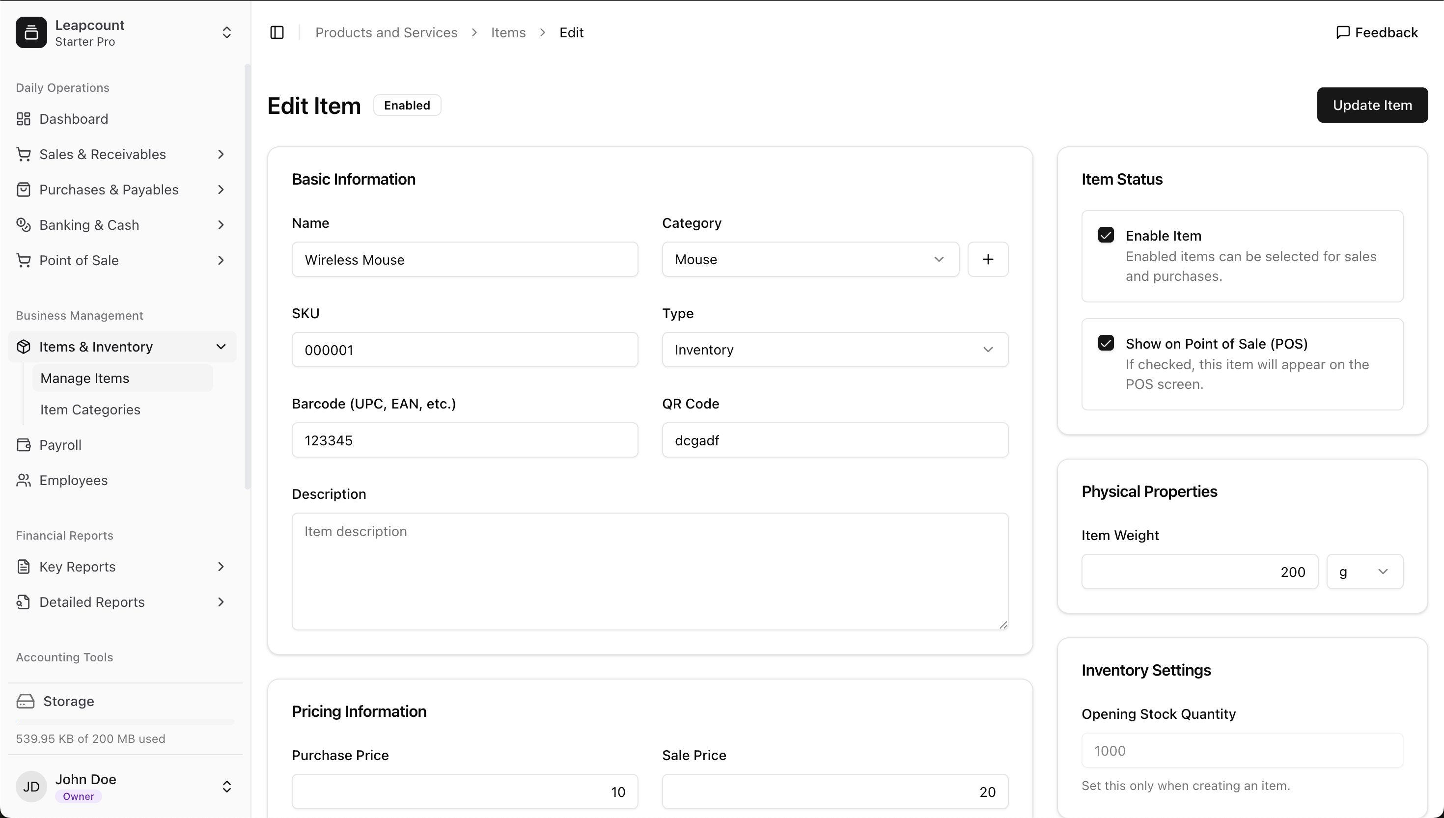 The updated item form showing fields for images, POS, and more.