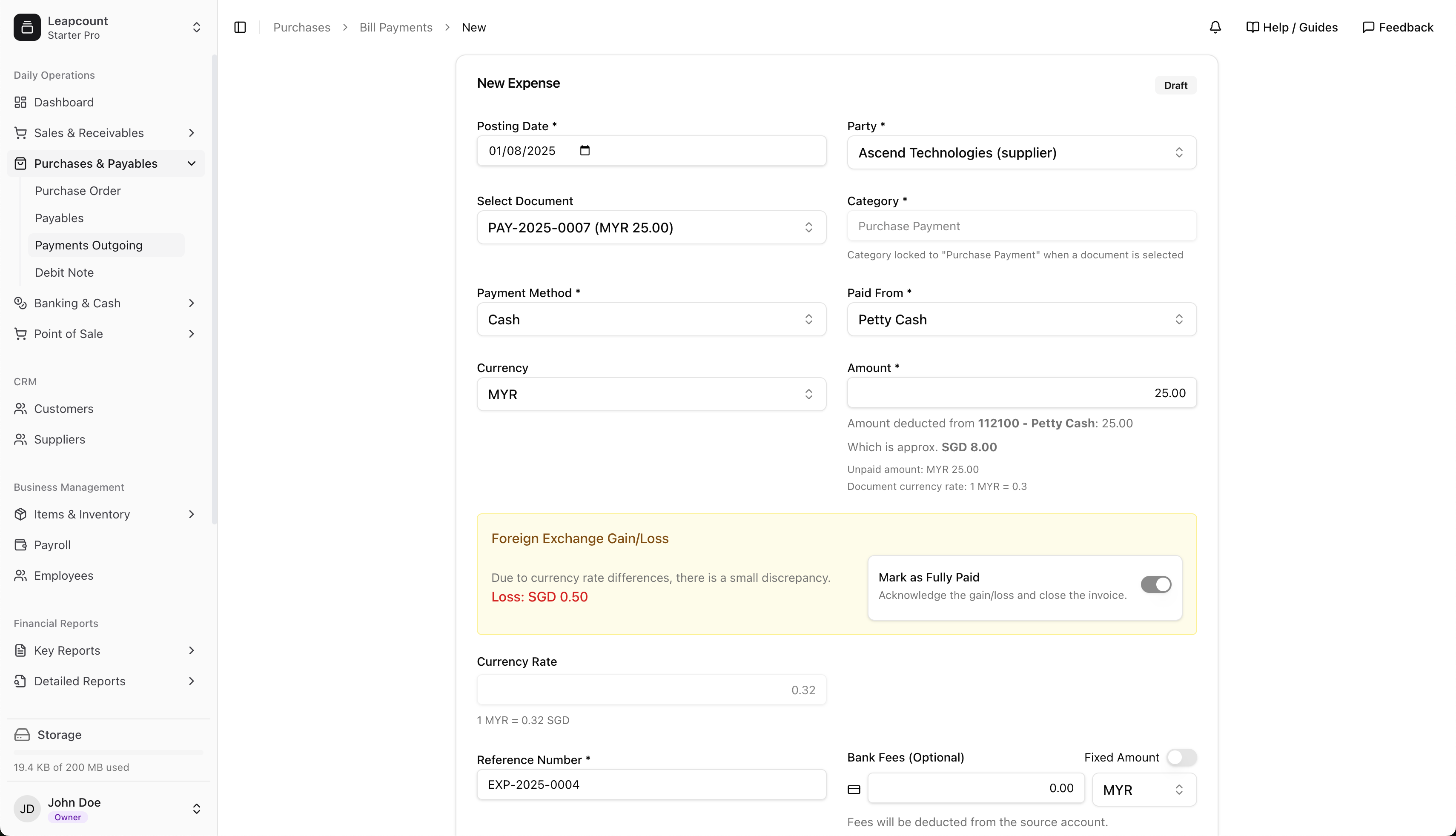 Foreign currency expense payment
