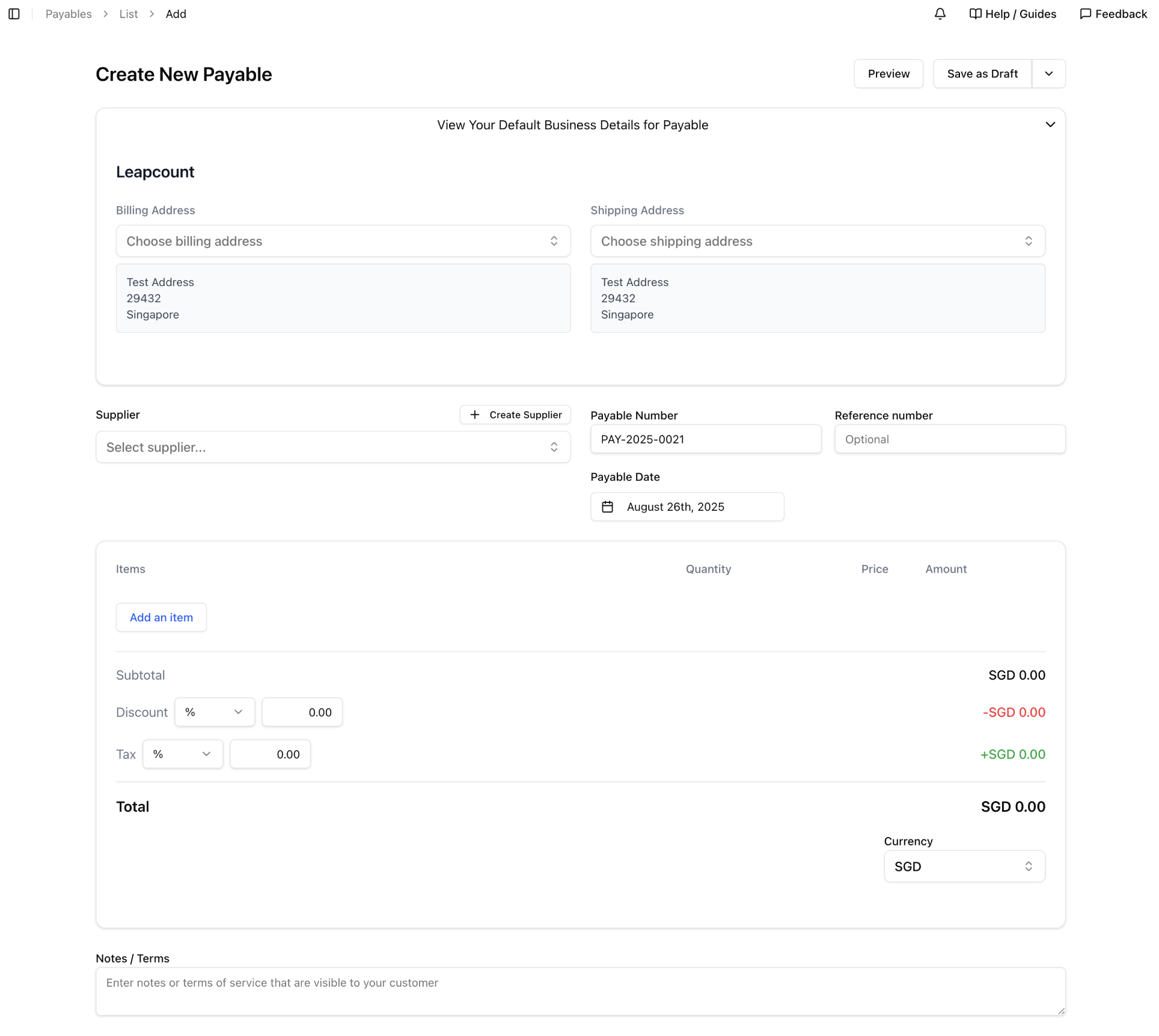 The form for creating a new payable or bill in Leapcount
