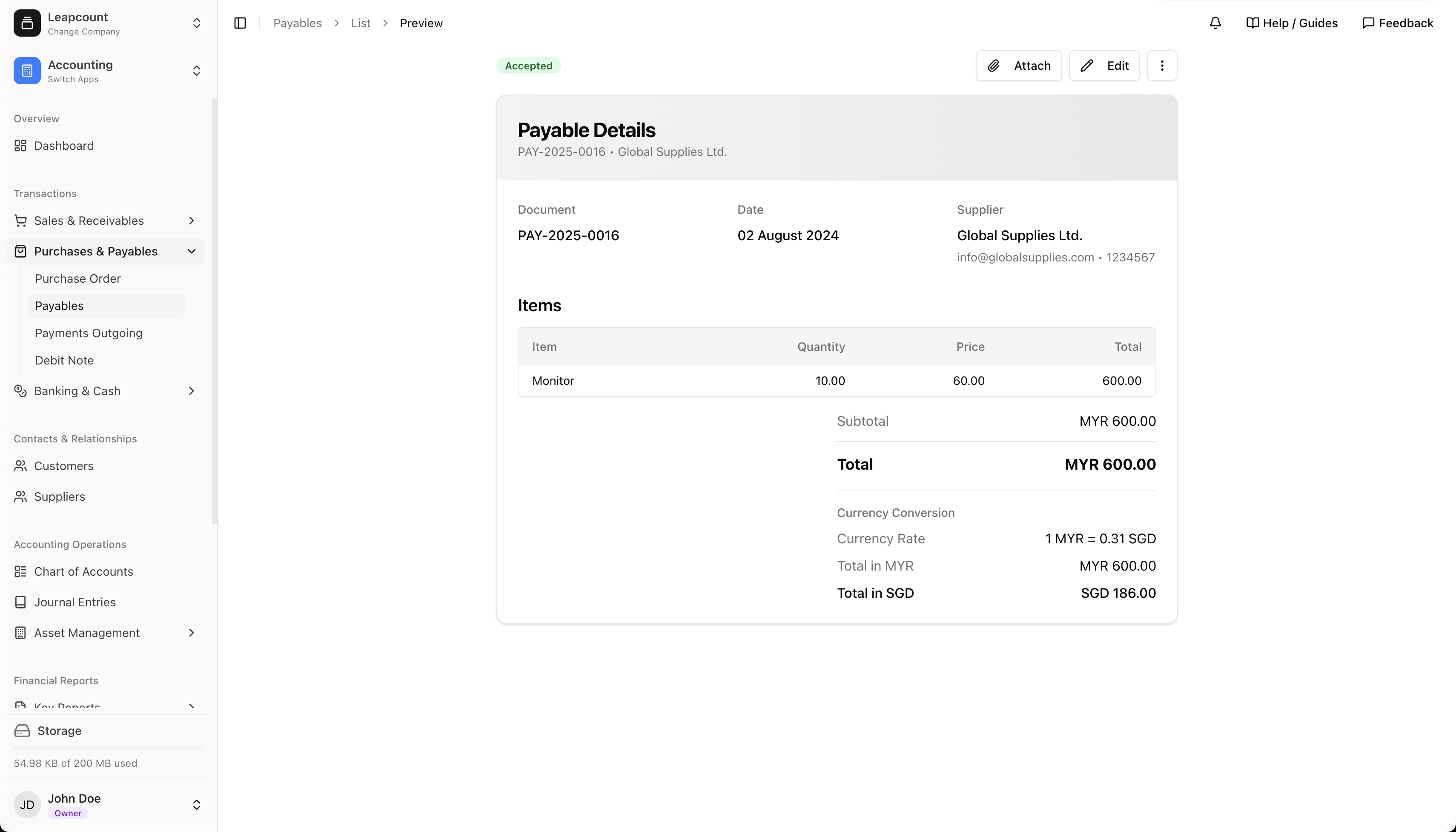 A preview of an accepted payable document