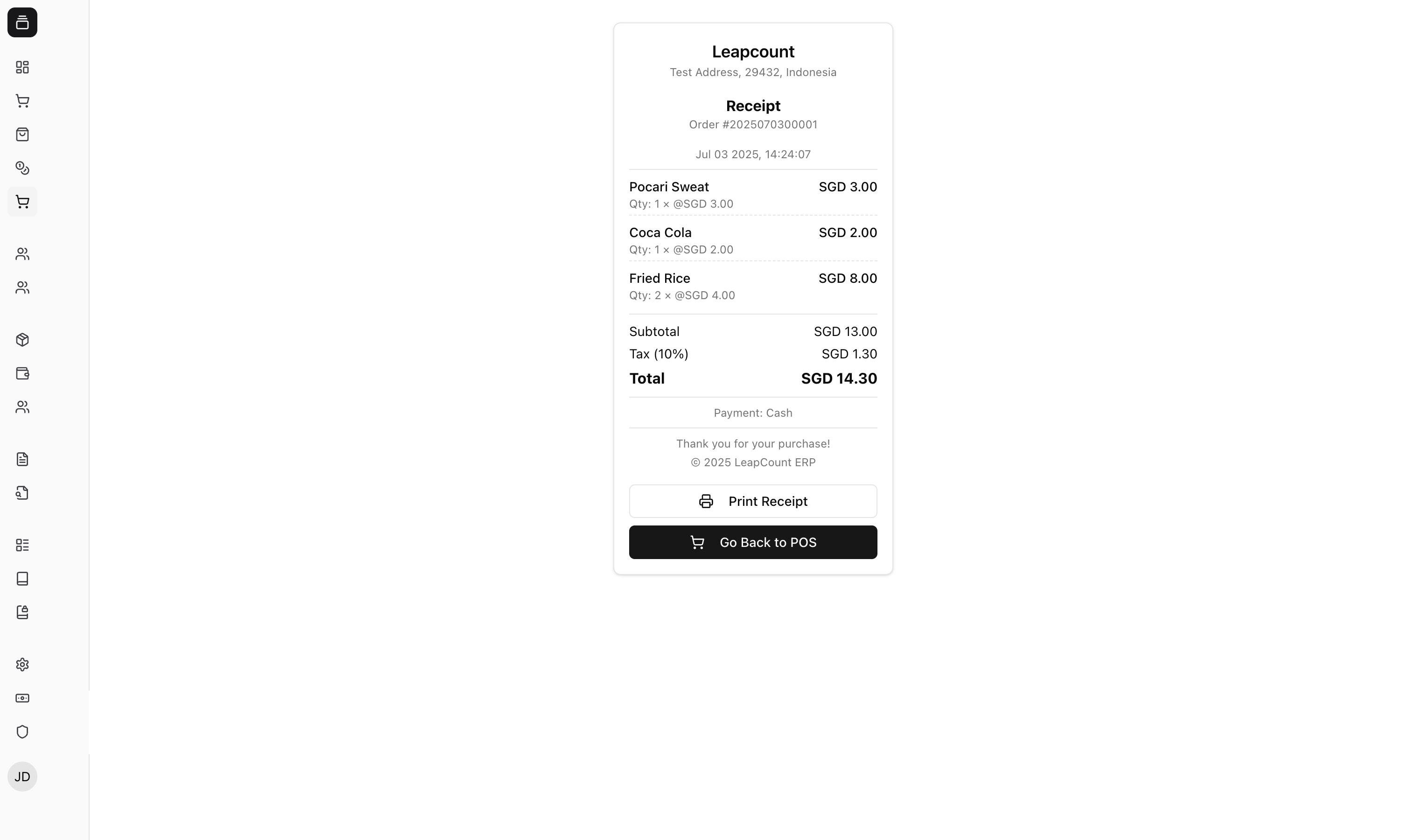 Generated receipt after successful payment