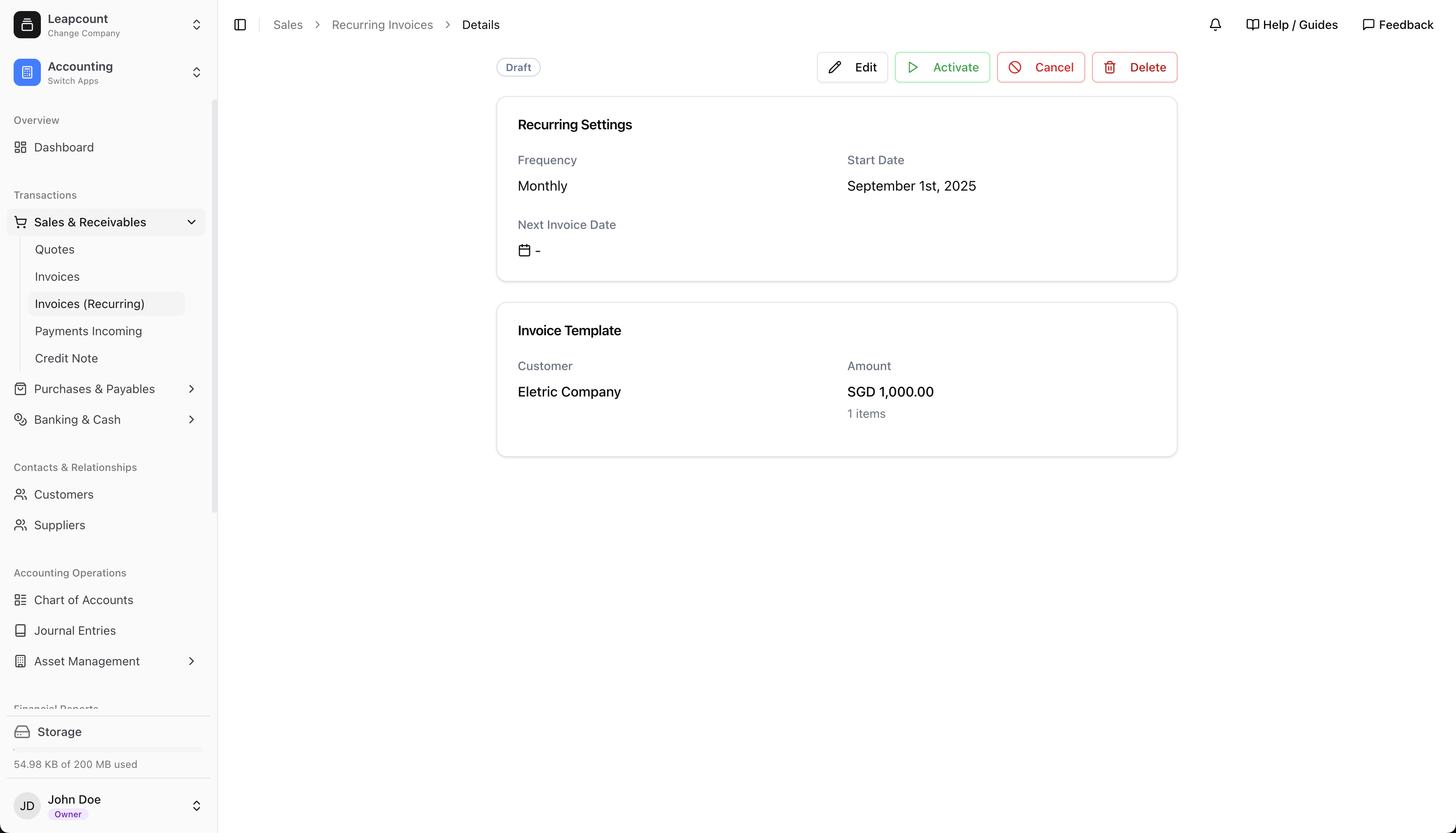 Details page of a recurring invoice profile showing management actions