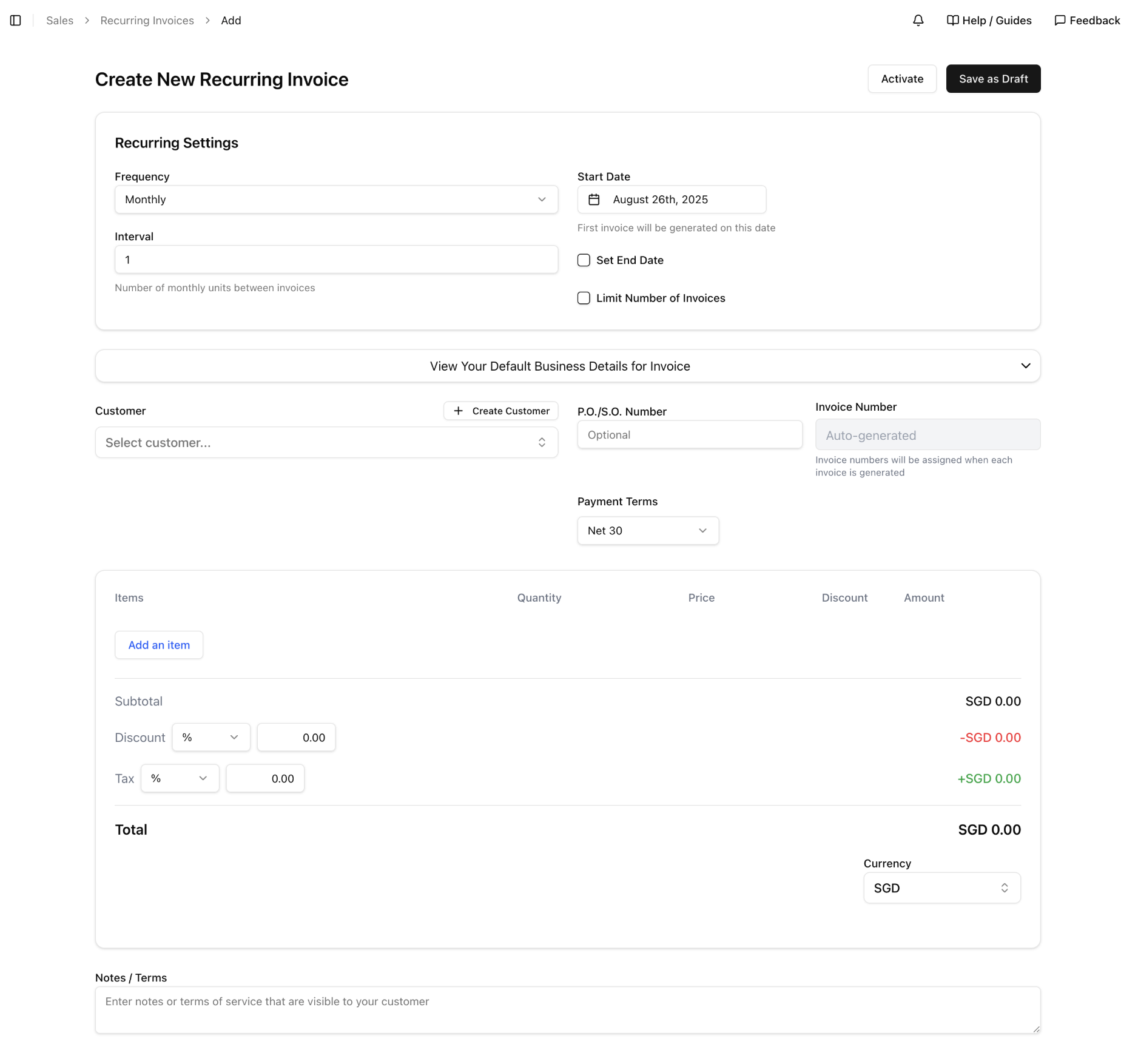 Creating a new recurring invoice profile in Leapcount