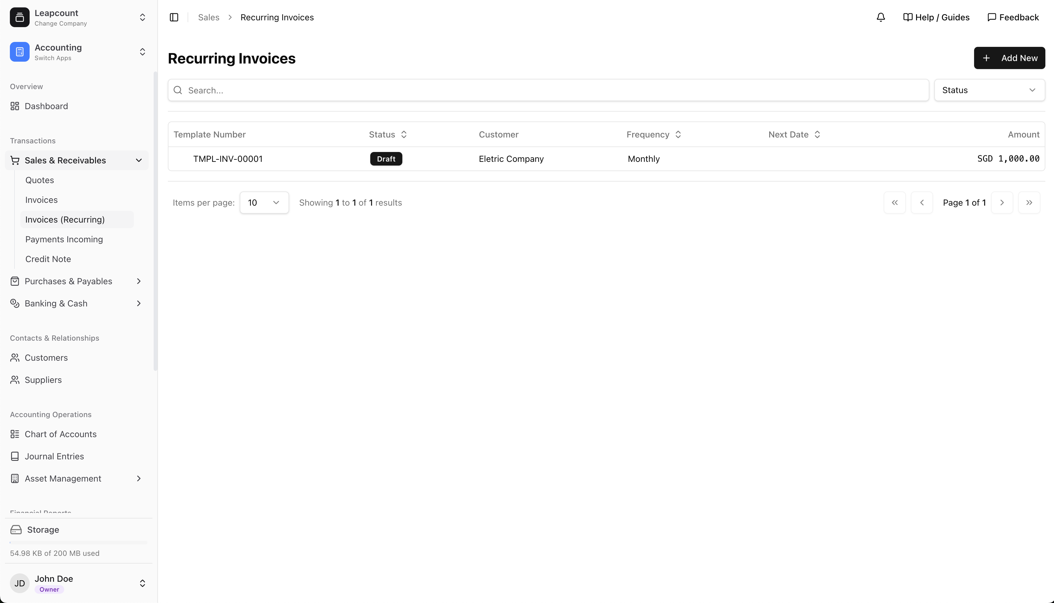 List of recurring invoice profiles with their status