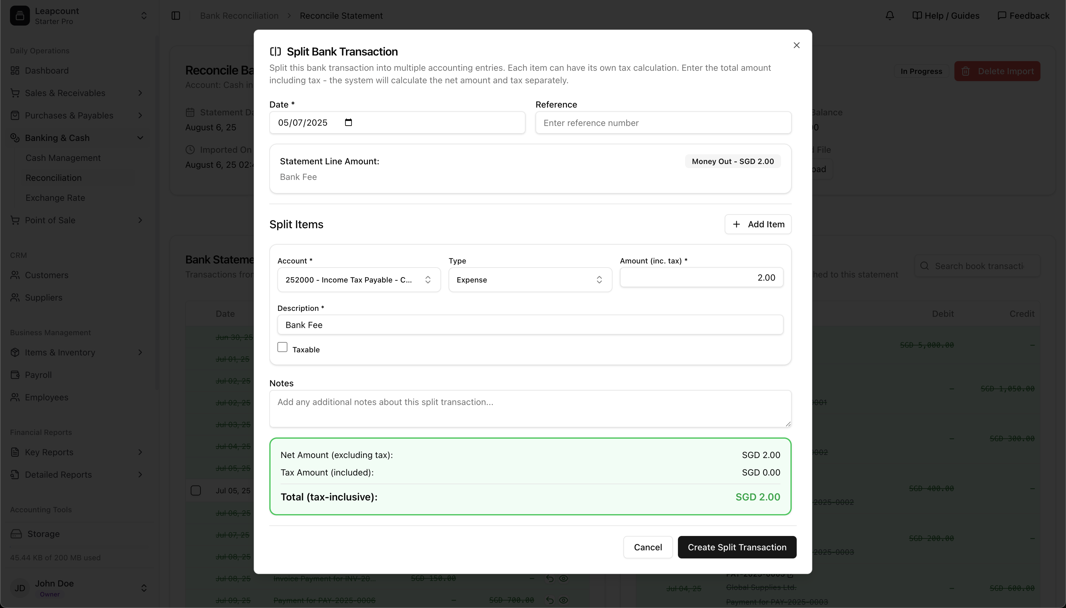 Transaction splitting