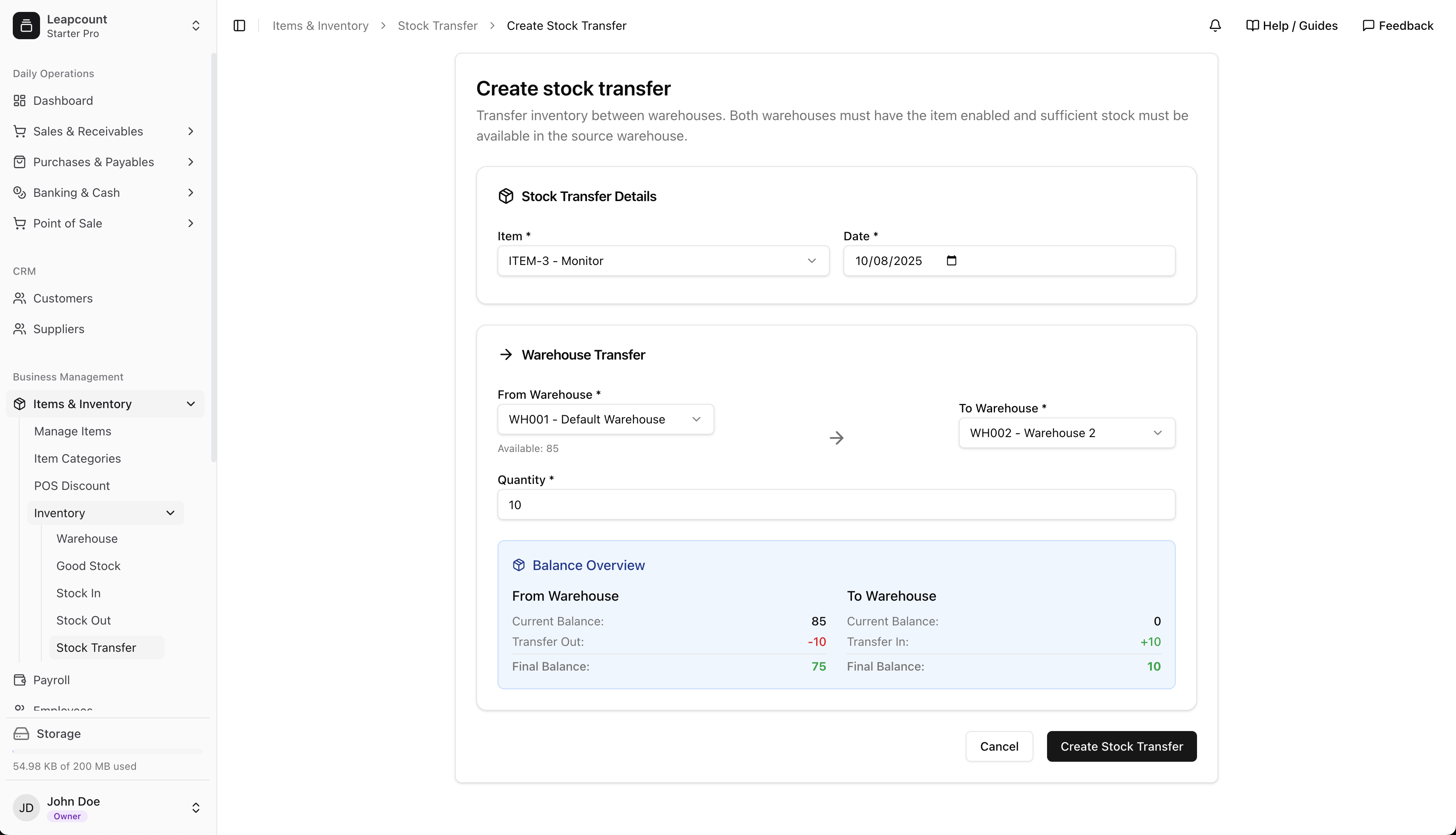 Creating a stock transfer between two warehouses with balance overview
