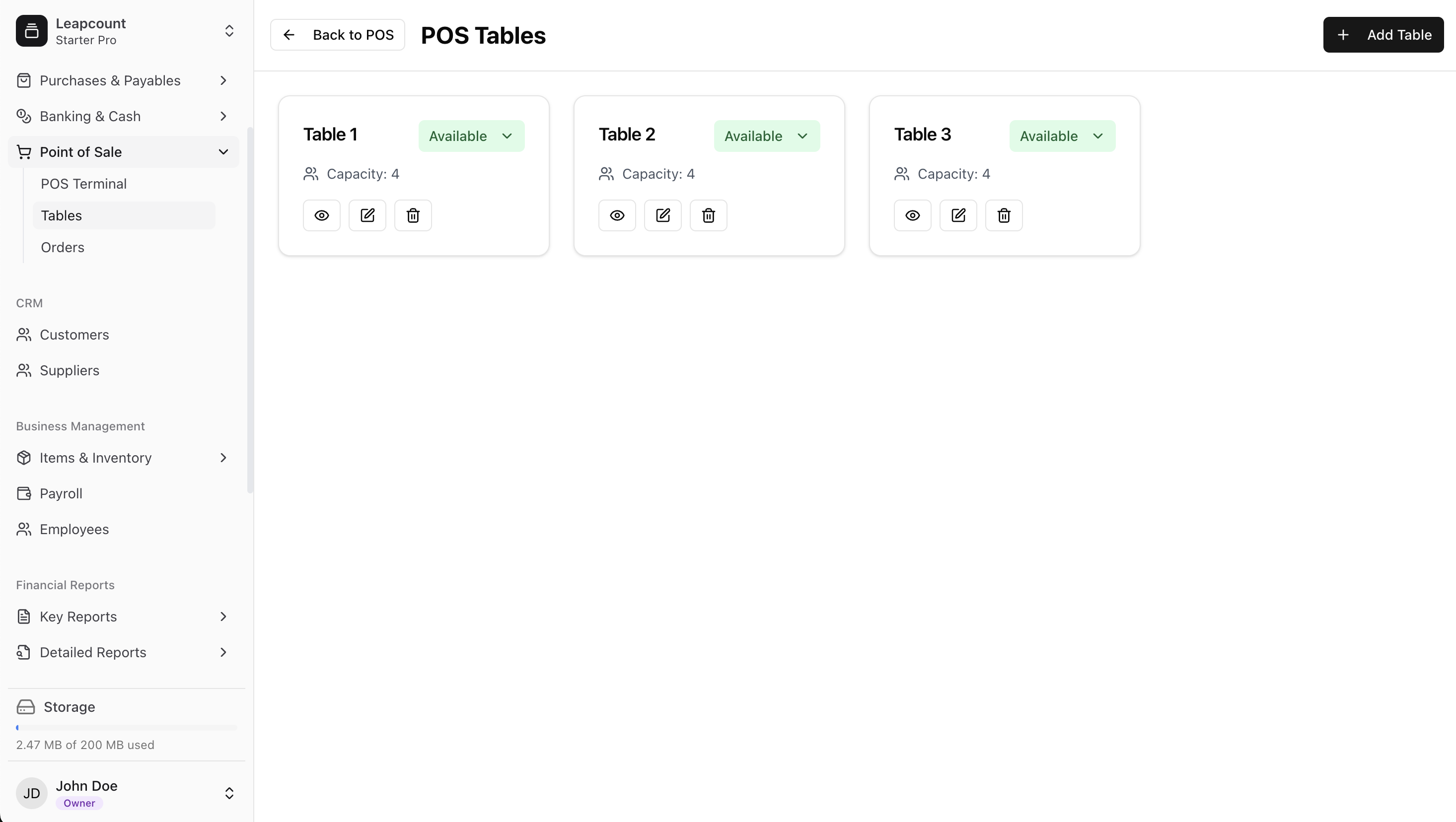 Table management dashboard